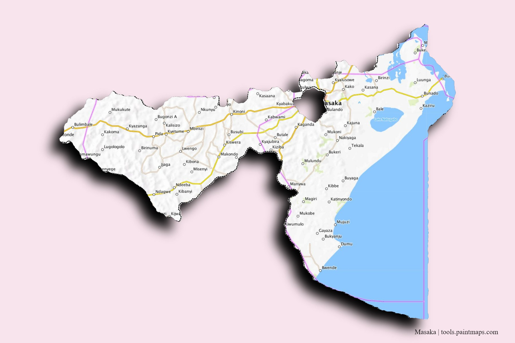 Masaka and counties map with 3D shadow effect