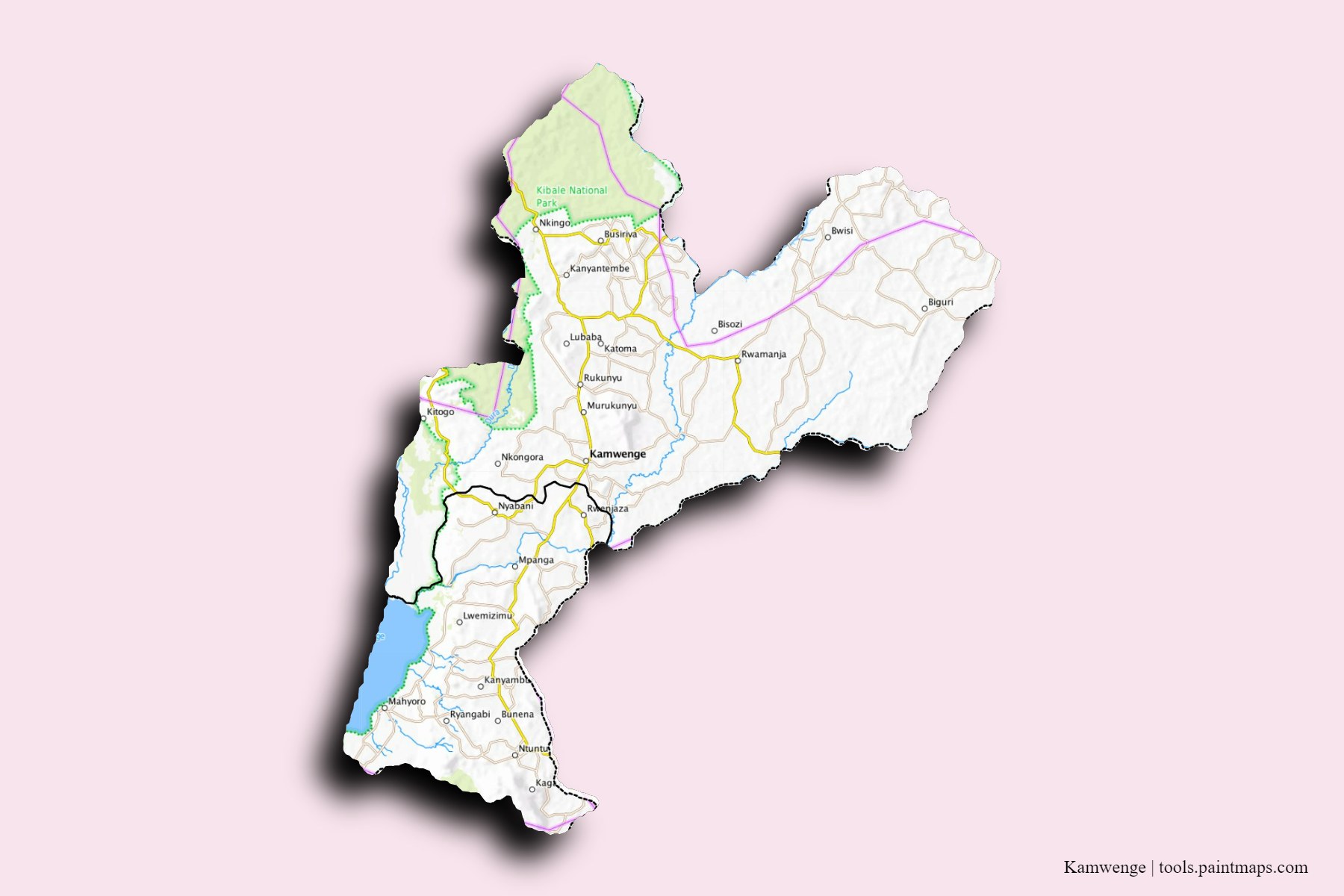 3D gölge efektli Kamwenge District ve ilçeleri haritası