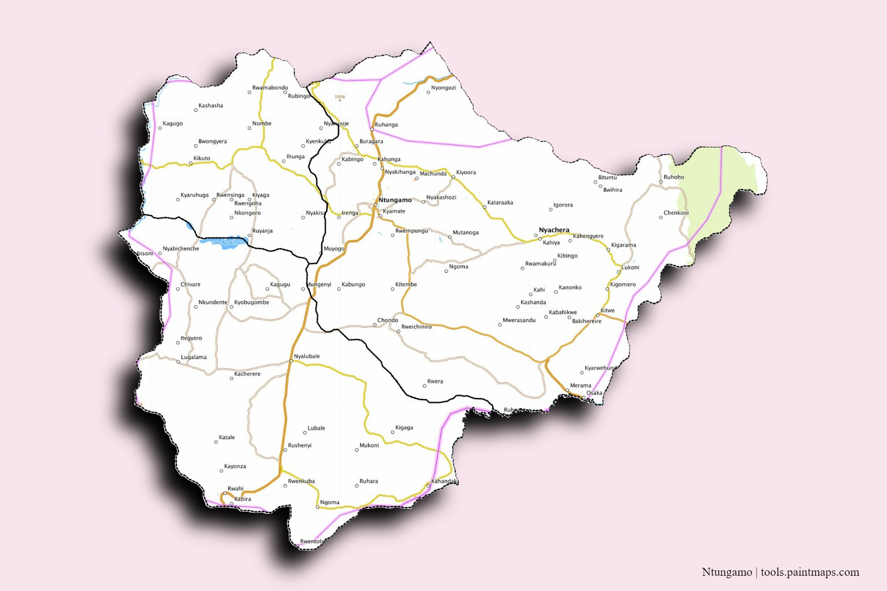 Ntungamo and counties map with 3D shadow effect