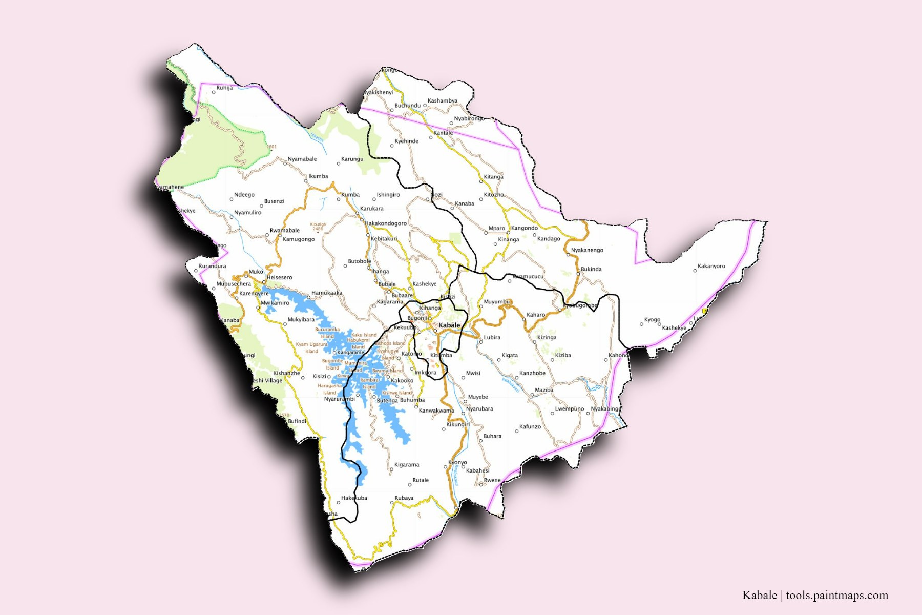 Kabale and counties map with 3D shadow effect