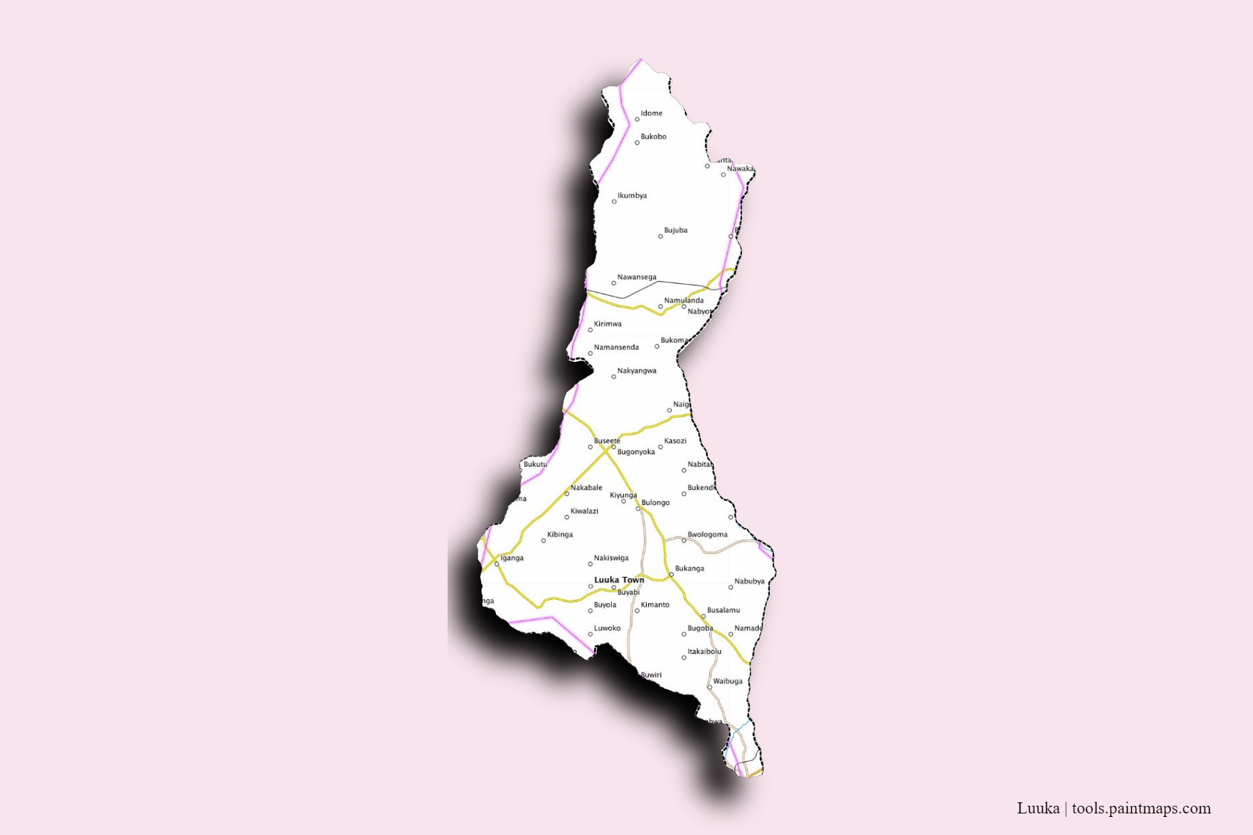 Iganga and counties map with 3D shadow effect