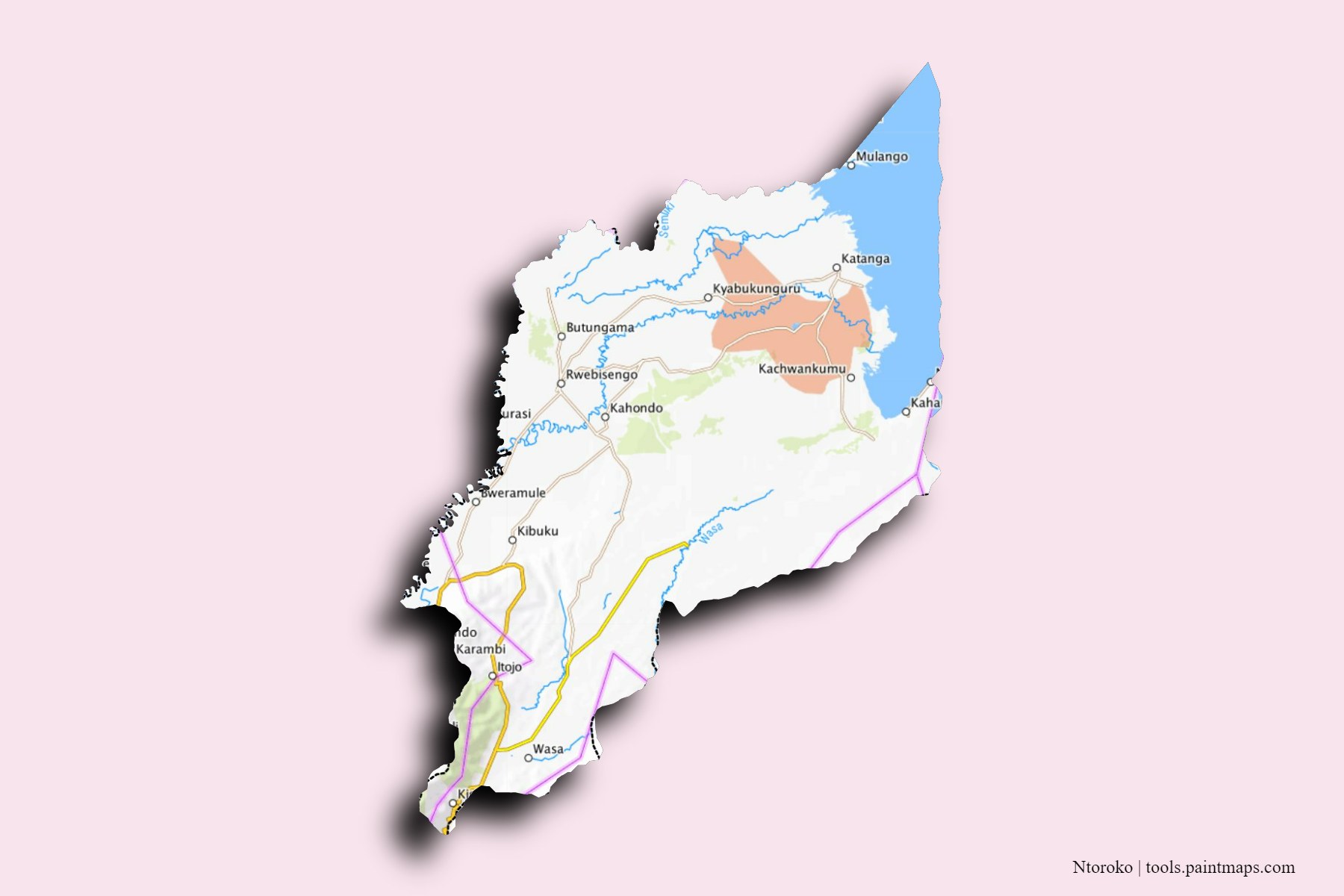 Bundibugyo and counties map with 3D shadow effect