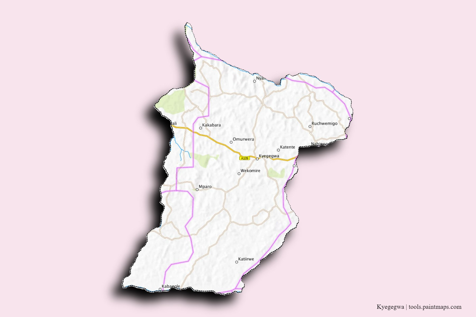 Kyenjojo and counties map with 3D shadow effect