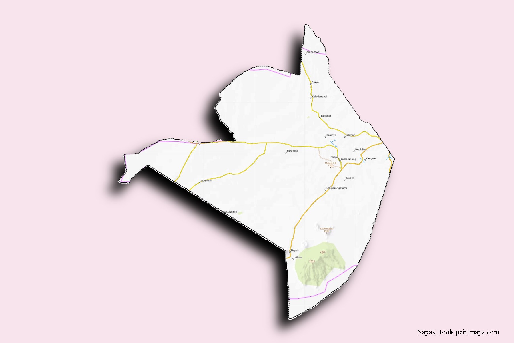 Moroto and counties map with 3D shadow effect