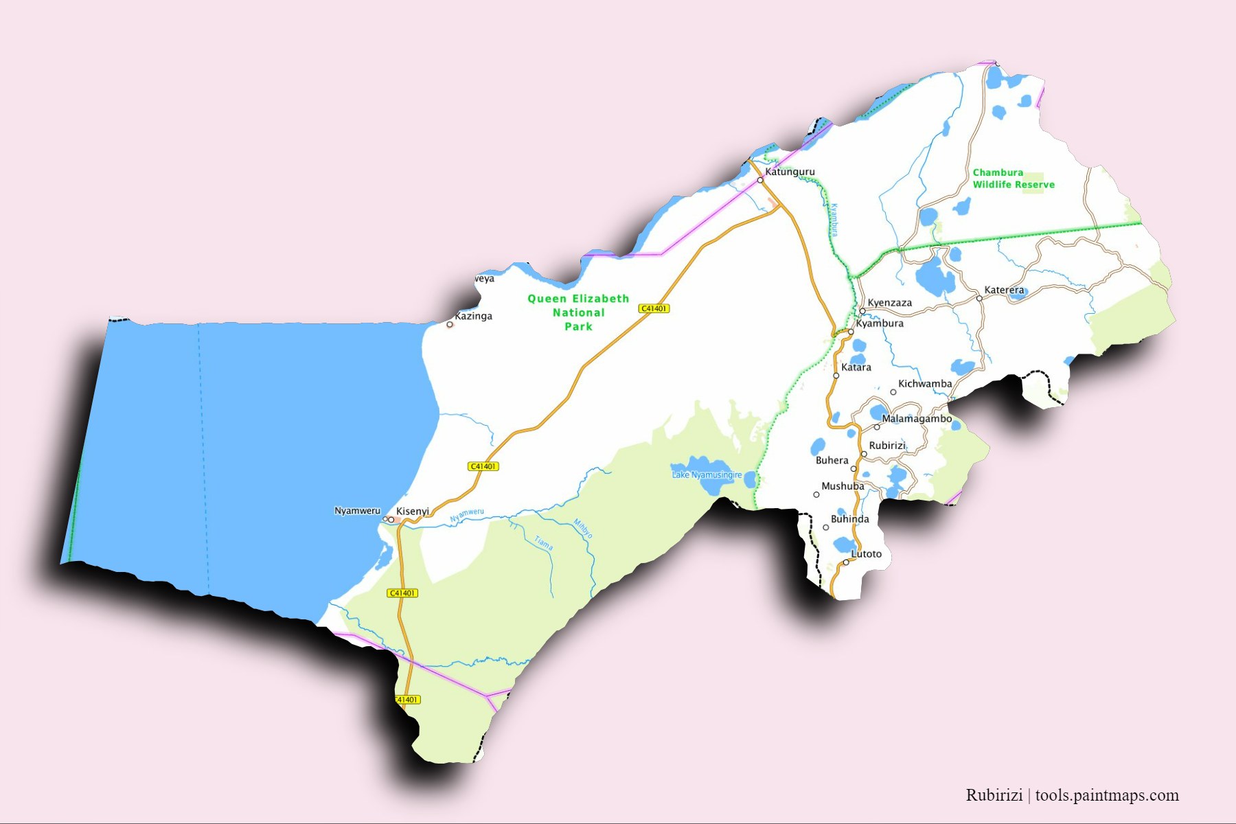 Bushenyi and counties map with 3D shadow effect