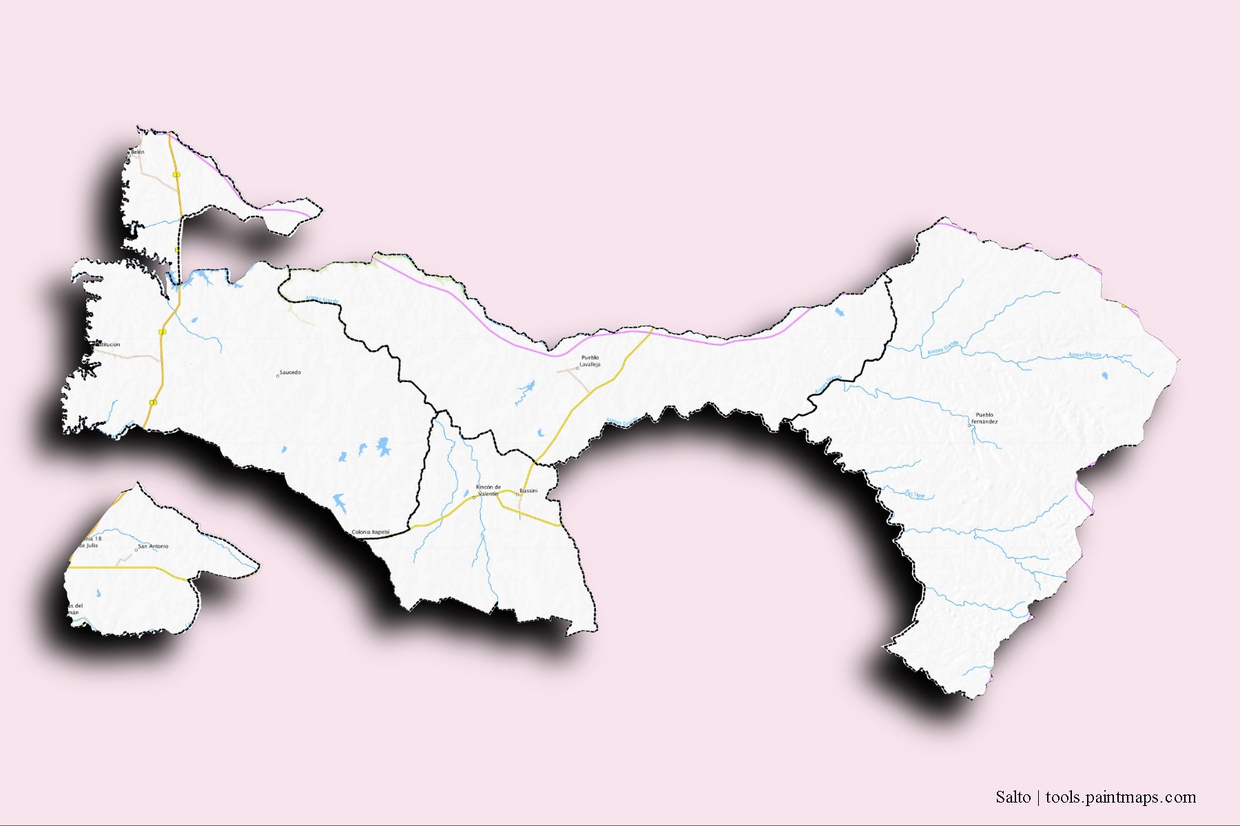 Salto and counties map with 3D shadow effect