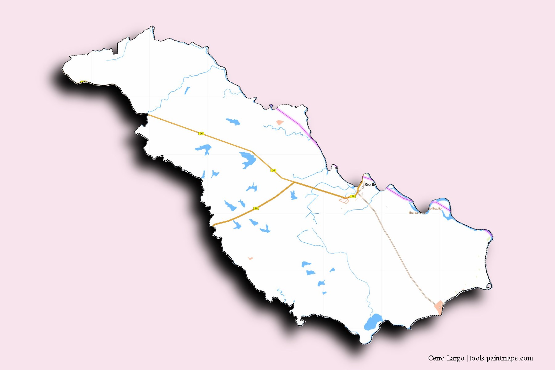 Mapa de Cerro Largo y sus distritos con efecto de sombra 3D