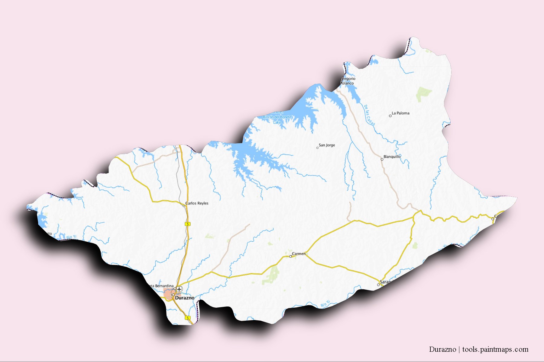 Mapa de Durazno y sus distritos con efecto de sombra 3D