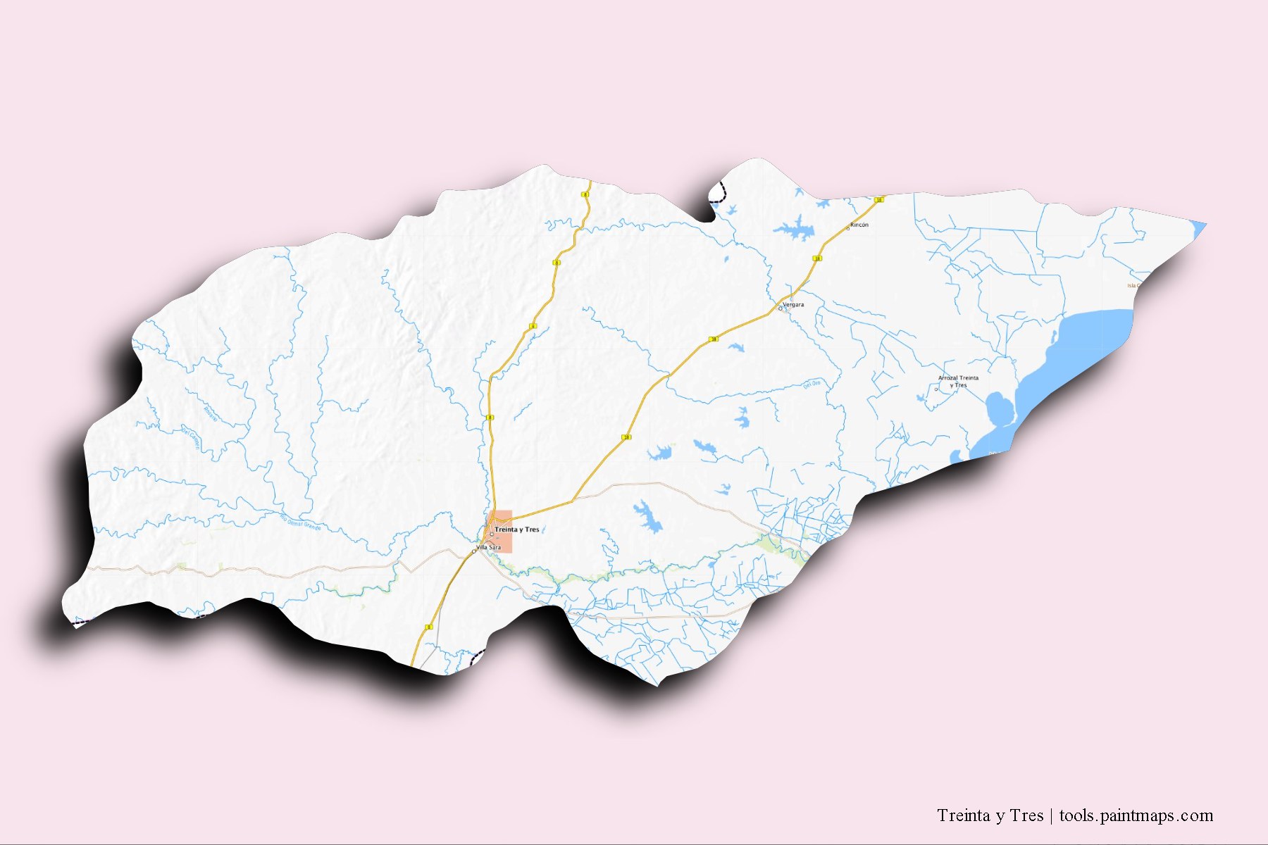 Treinta y Tres and counties map with 3D shadow effect