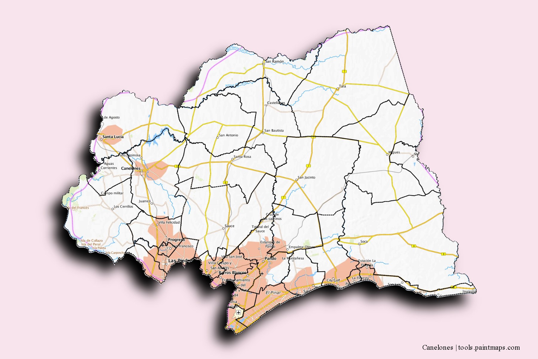 Canelones and counties map with 3D shadow effect