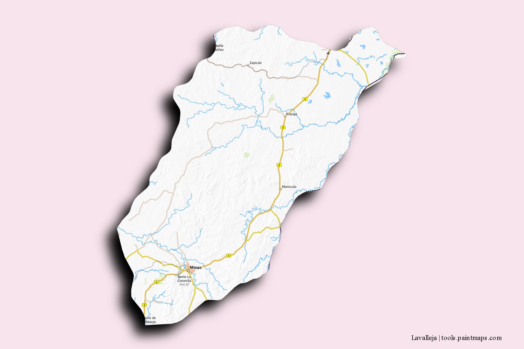 Lavalleja and counties map with 3D shadow effect