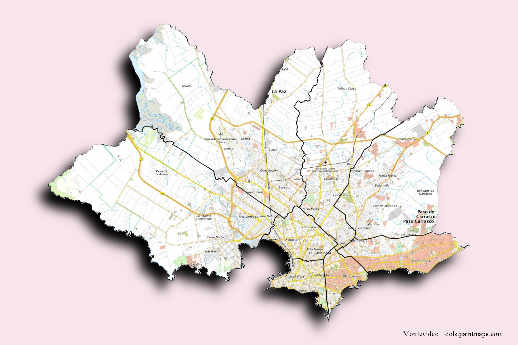 Montevideo and counties map with 3D shadow effect