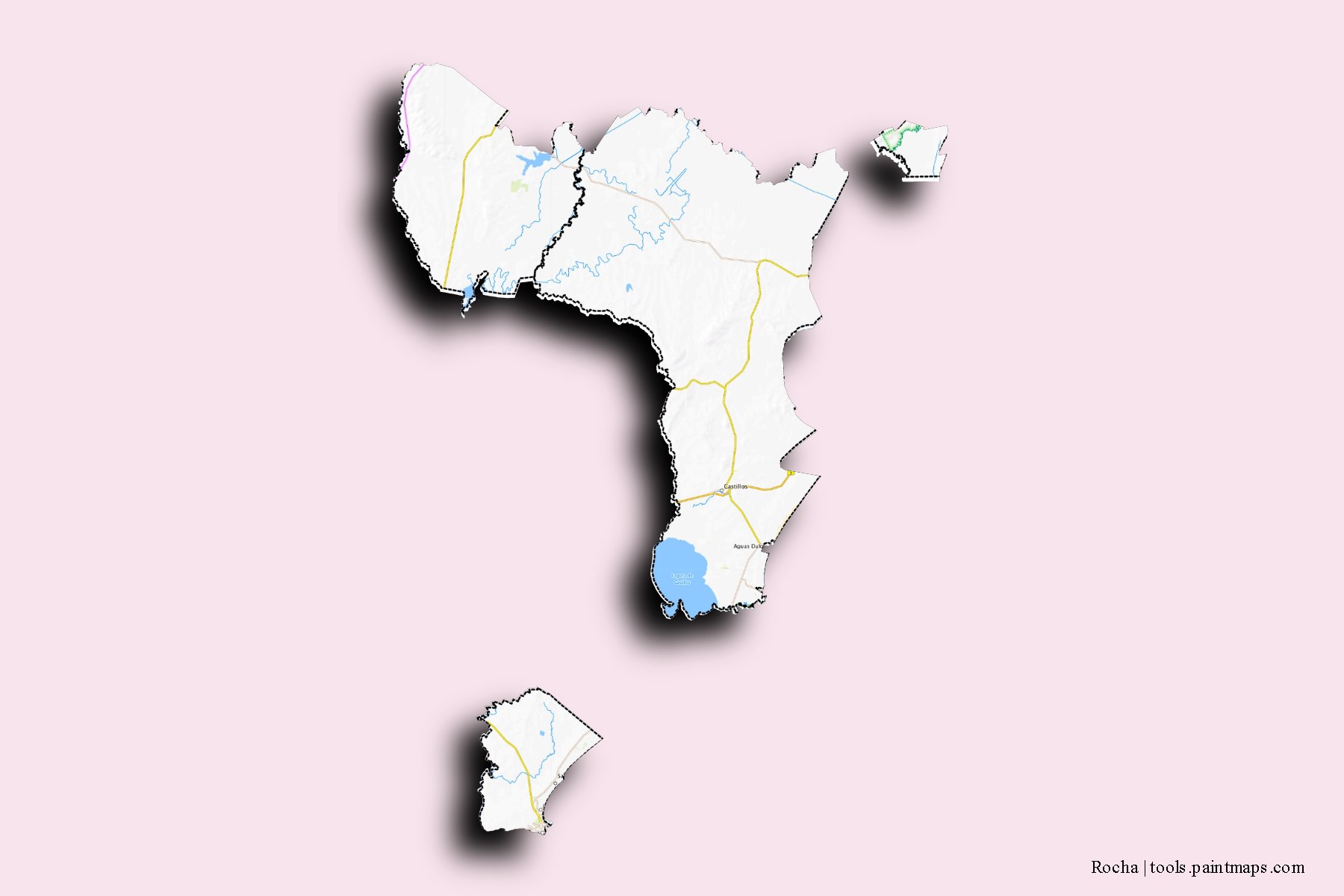 Rocha and counties map with 3D shadow effect