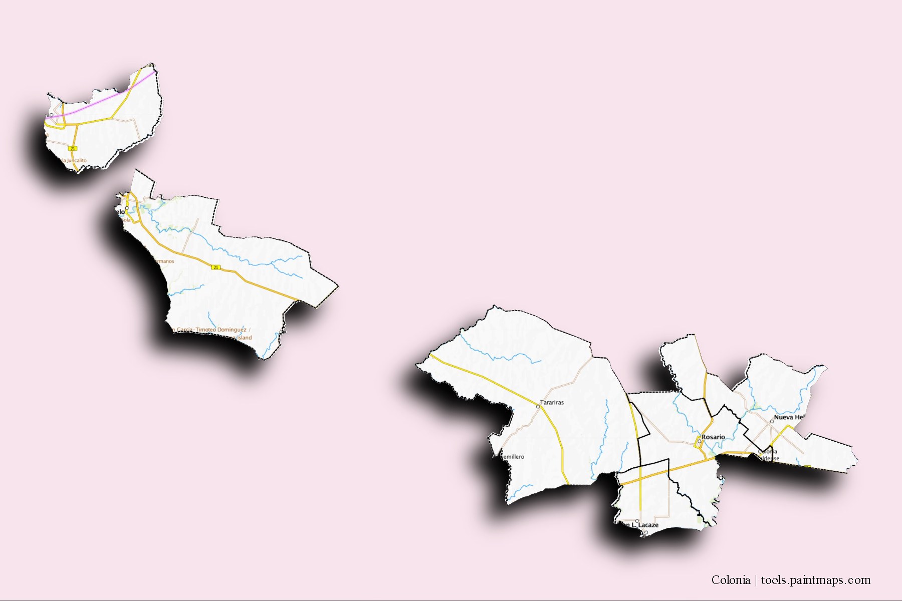 Colonia and counties map with 3D shadow effect