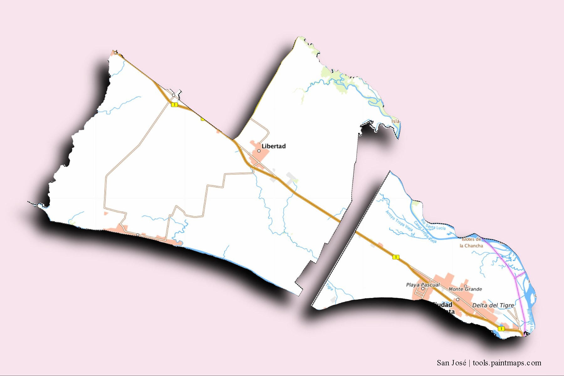 San José and counties map with 3D shadow effect