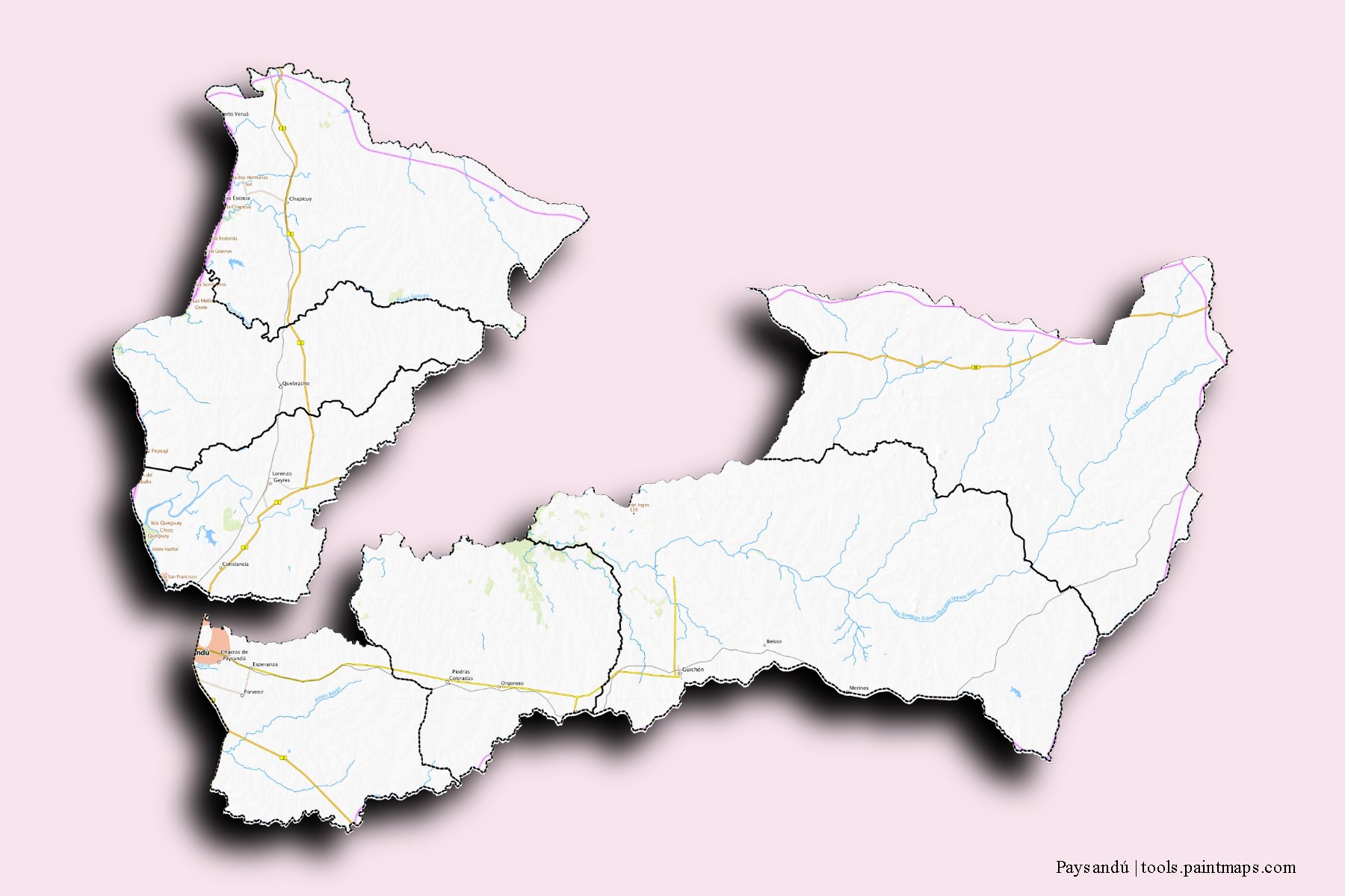 3D gölge efektli Paysandu Departmanı ve ilçeleri haritası