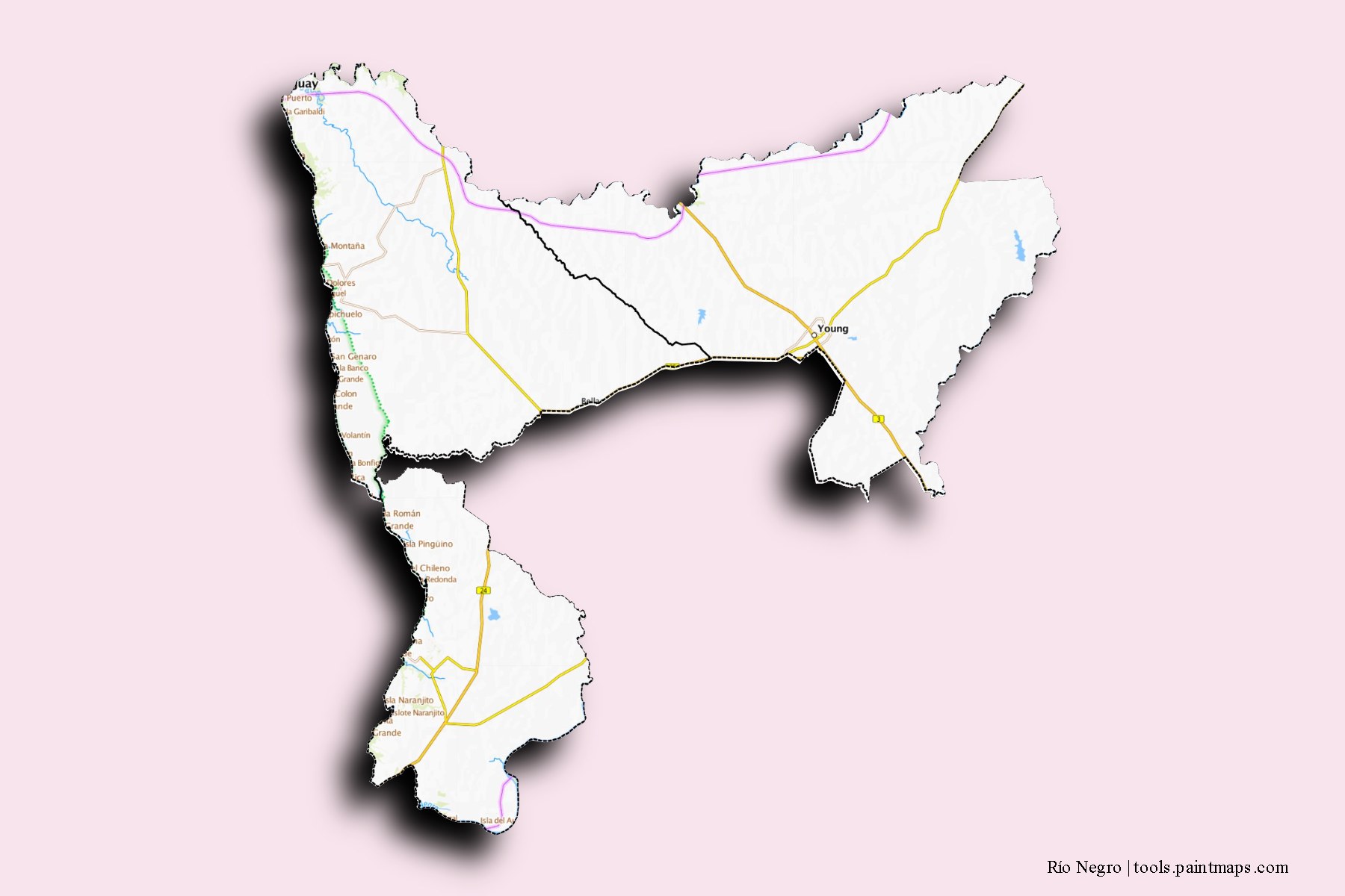 Río Negro and counties map with 3D shadow effect