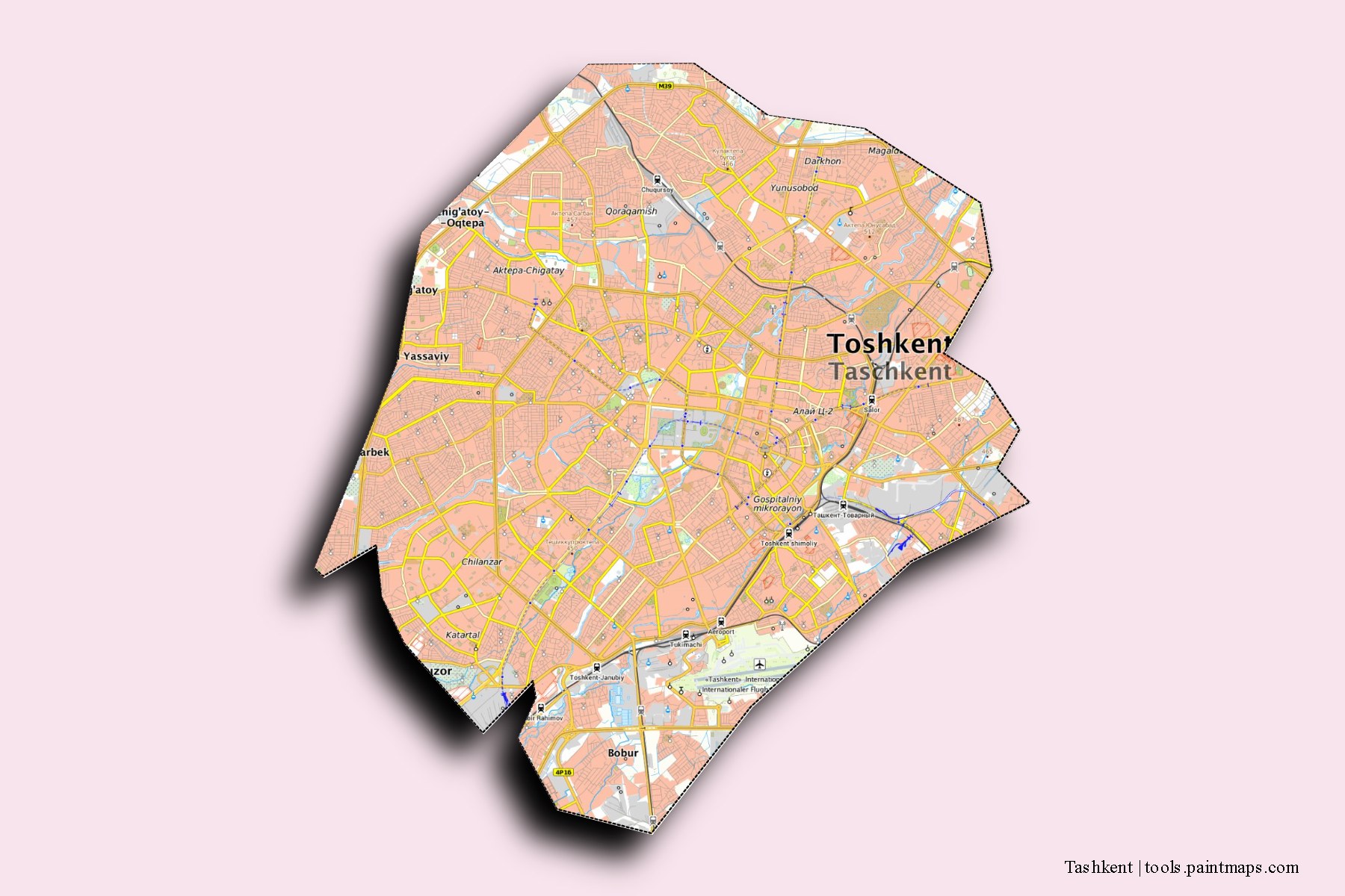 3D gölge efektli Taşkent ili ve ilçeleri haritası