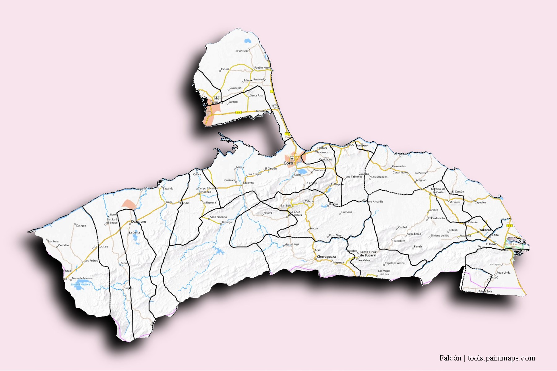 Mapa de Falcón y sus distritos con efecto de sombra 3D