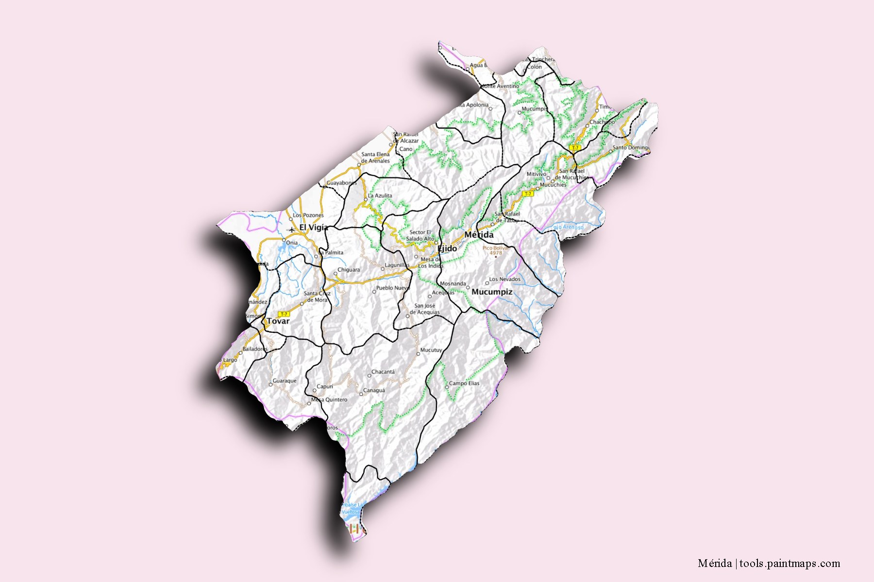 Mapa de Mérida y sus distritos con efecto de sombra 3D