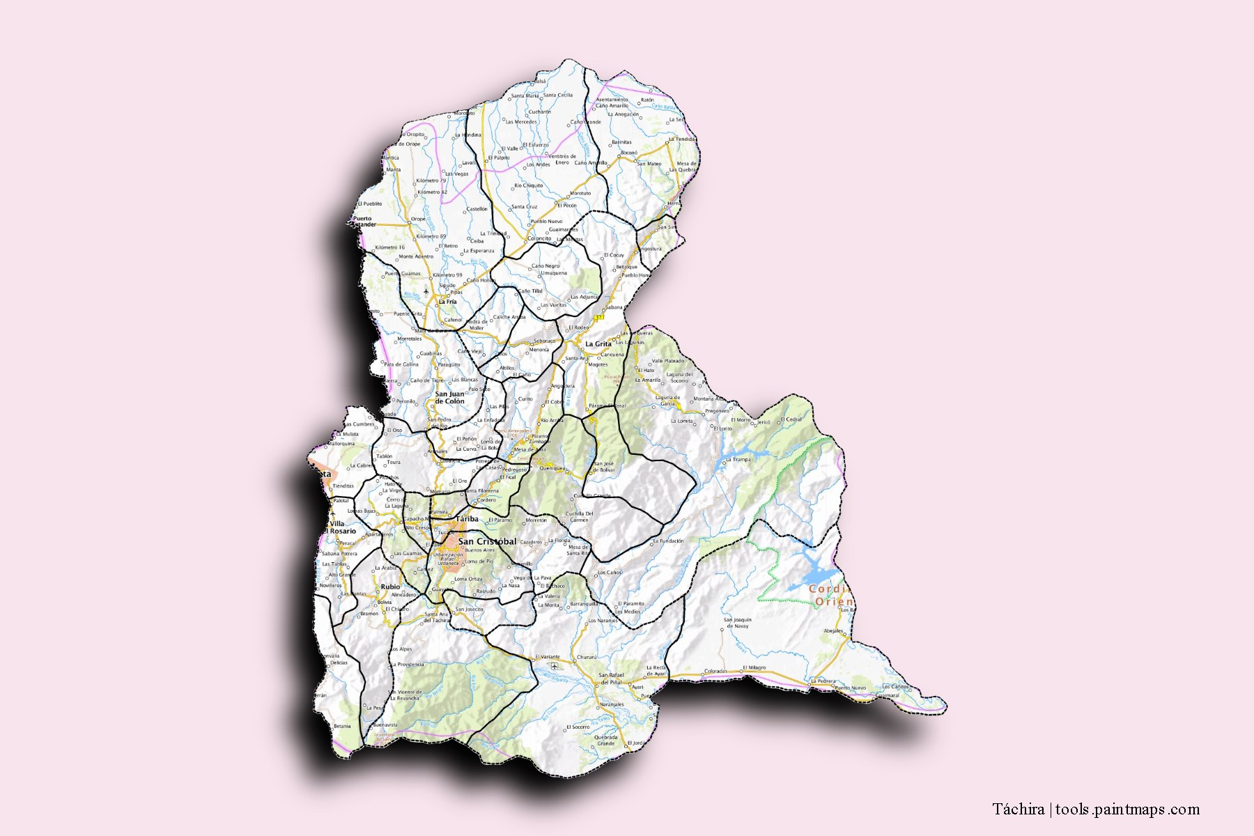 Mapa de Táchira y sus distritos con efecto de sombra 3D