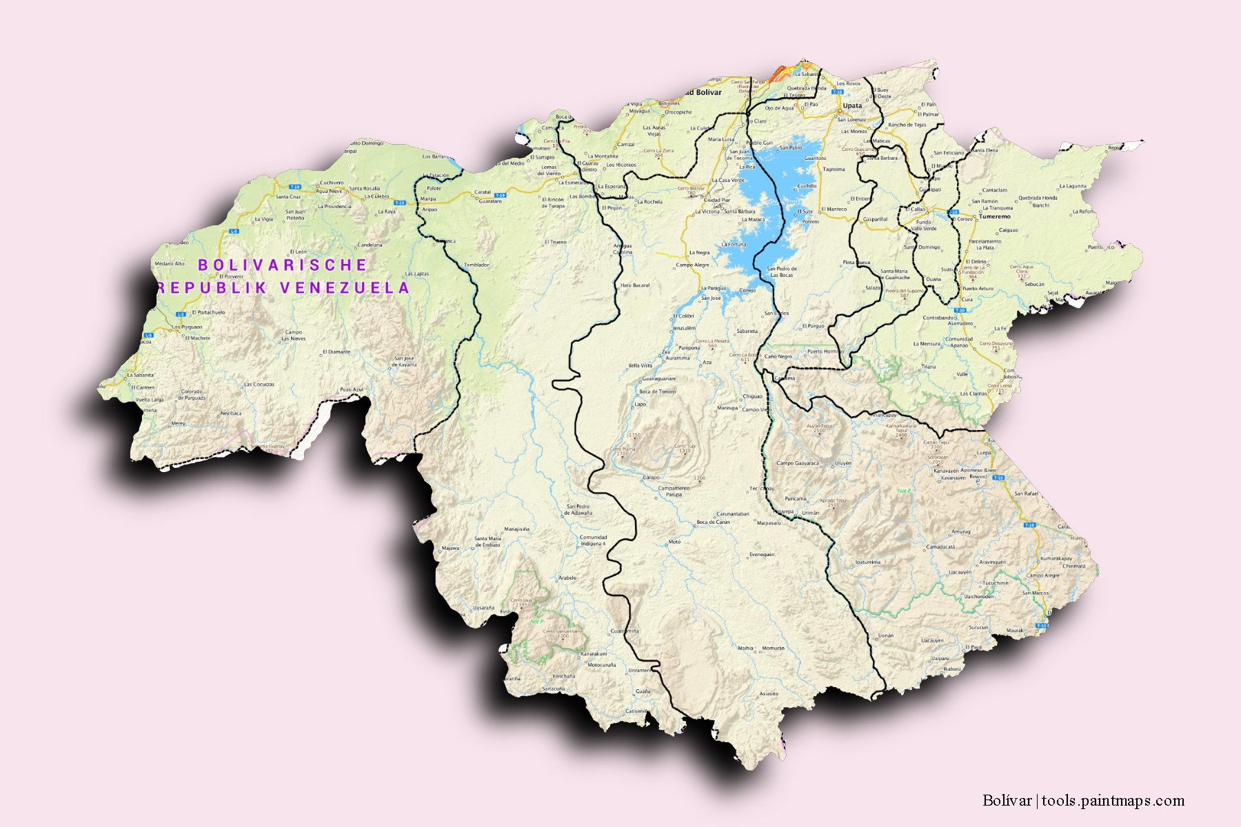 Mapa de Bolívar y sus distritos con efecto de sombra 3D