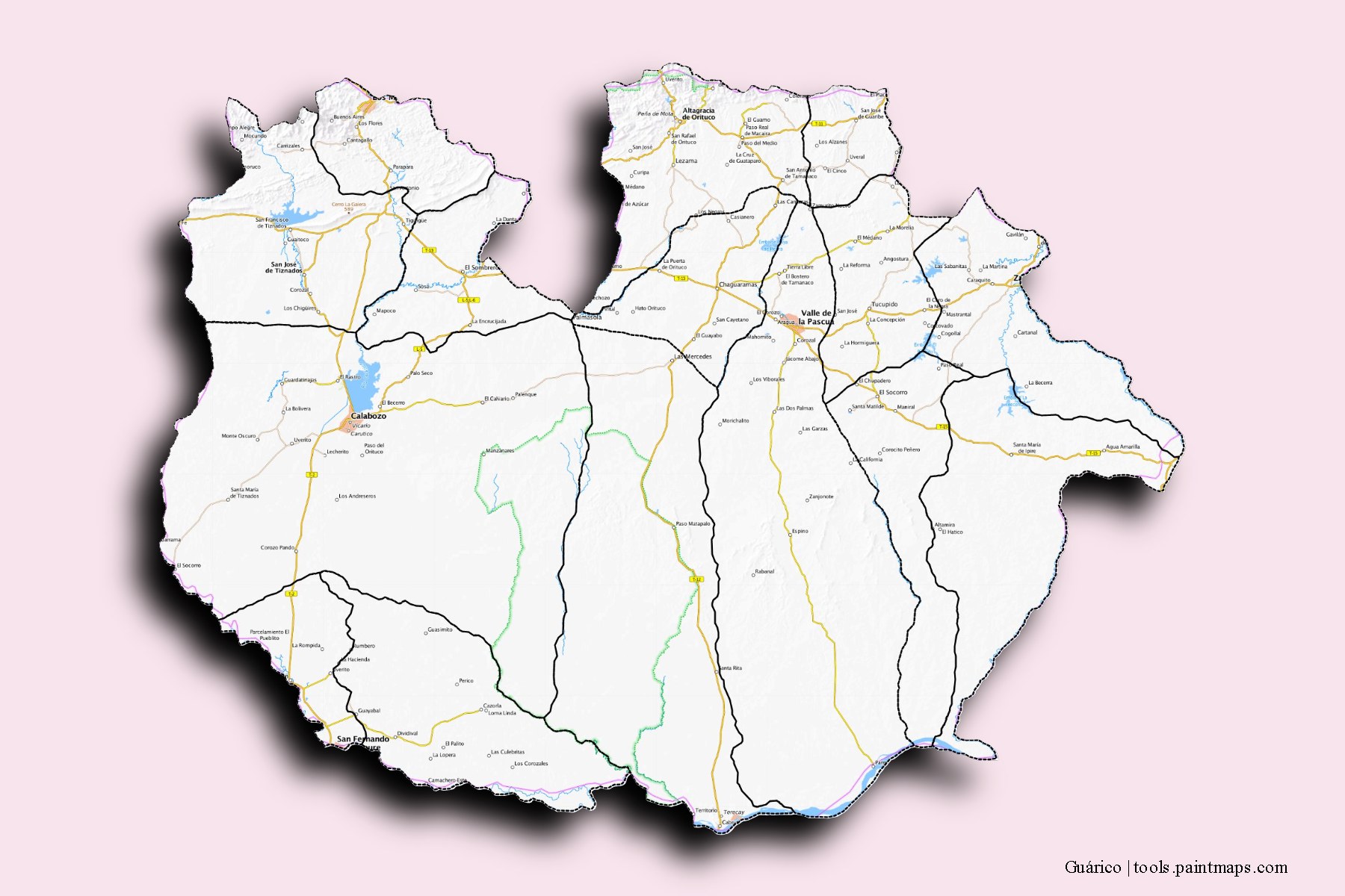 3D gölge efektli Guarico ve ilçeleri haritası
