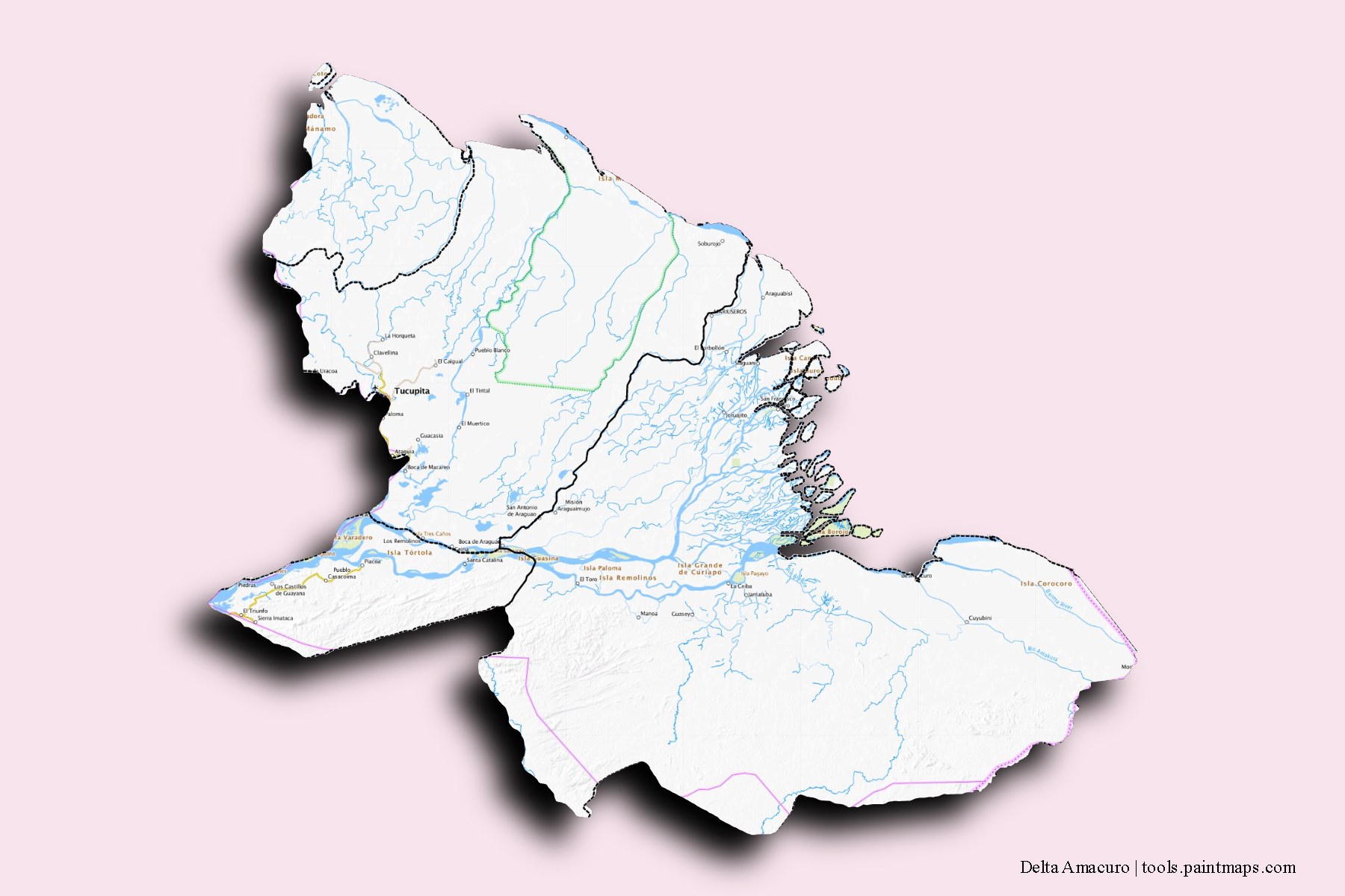 Mapa de Delta Amacuro y sus distritos con efecto de sombra 3D