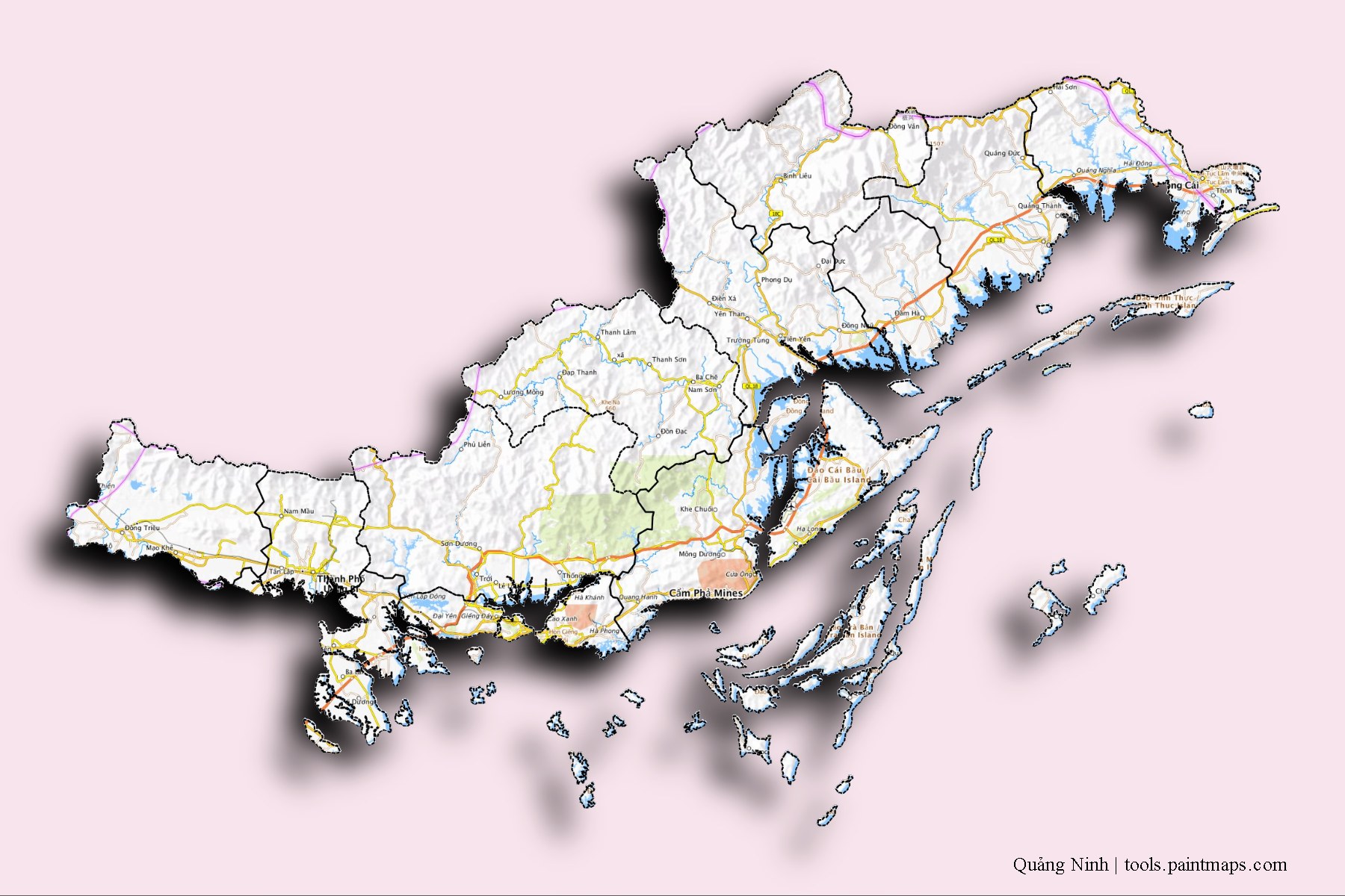 3D gölge efektli Quang Ninh ve ilçeleri haritası