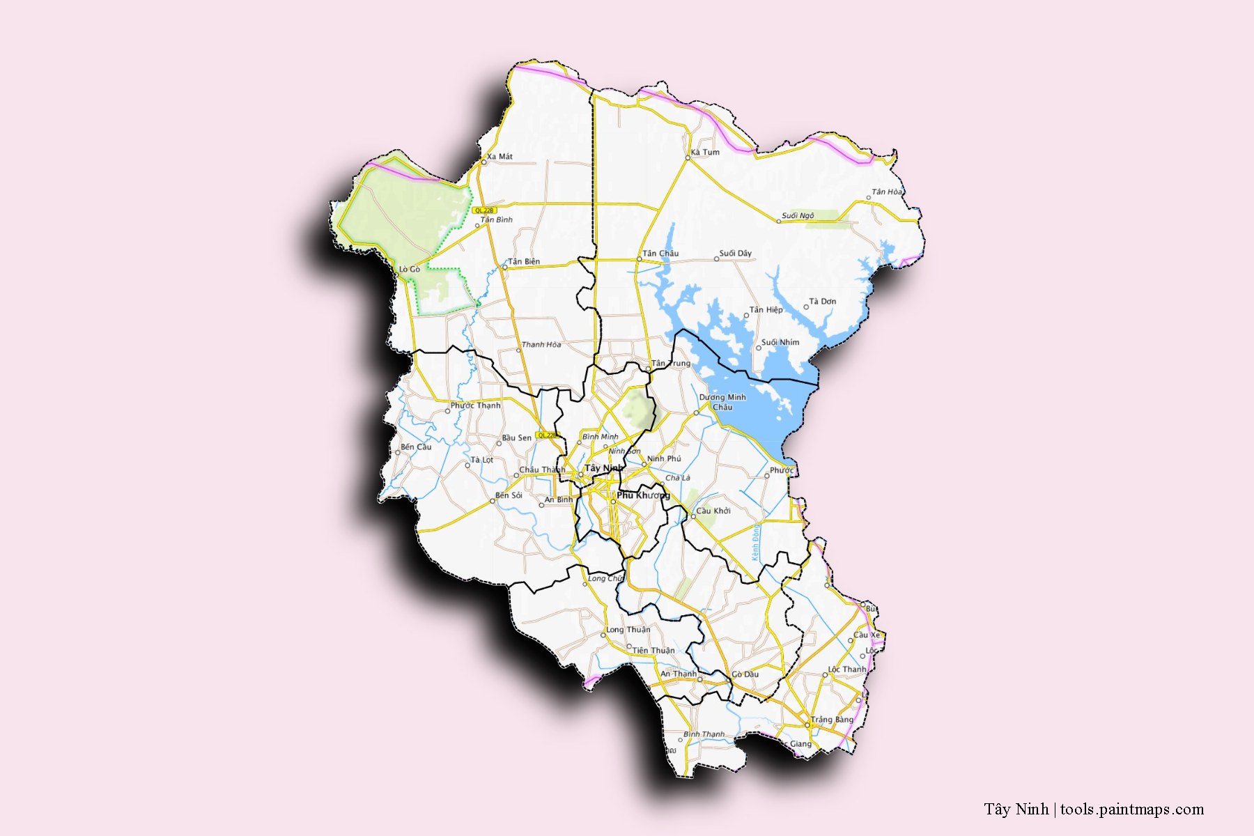 Tay Ninh and counties map with 3D shadow effect