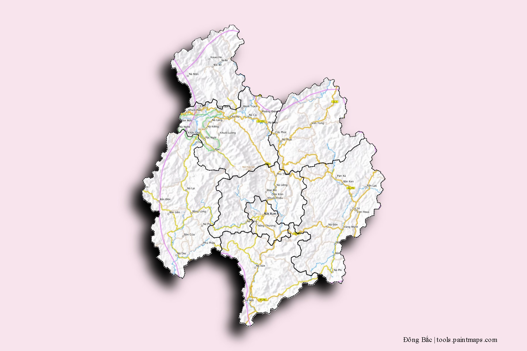 Bac Kan and counties map with 3D shadow effect