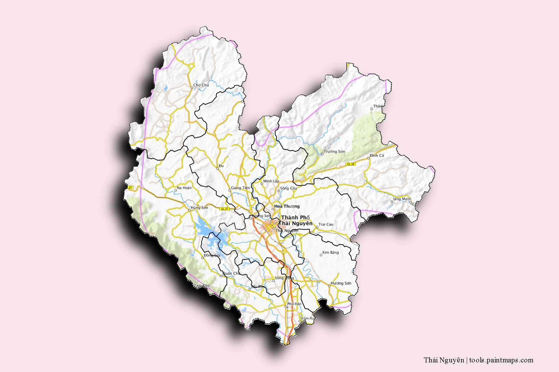 Thai Nguyen and counties map with 3D shadow effect