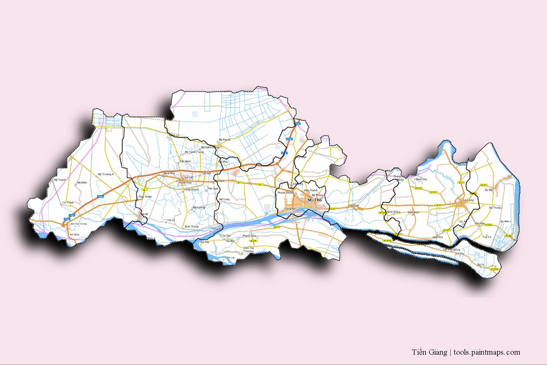 Mapa de Tiền Giang y sus distritos con efecto de sombra 3D