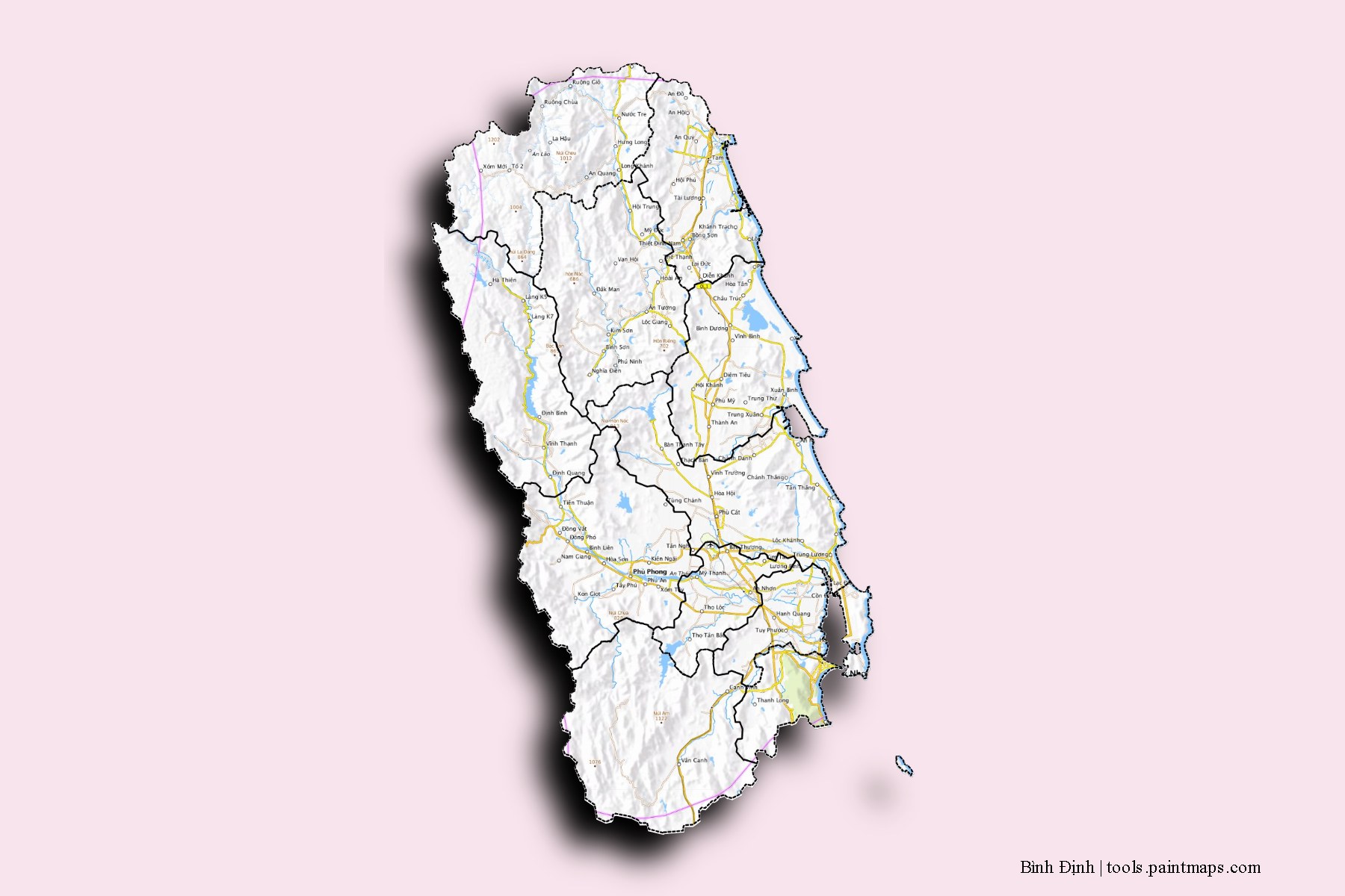 Binh Dinh and counties map with 3D shadow effect