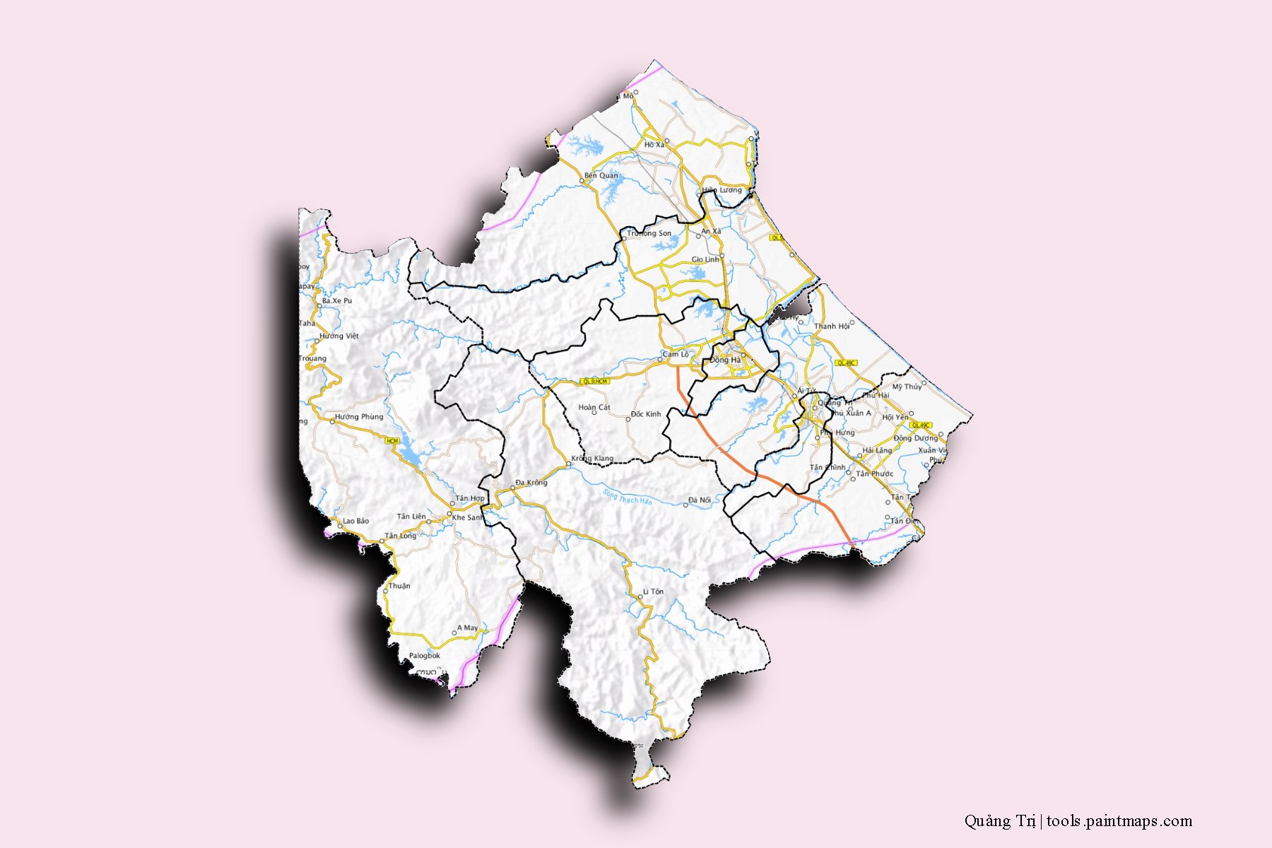 Mapa de Quảng Trị y sus distritos con efecto de sombra 3D