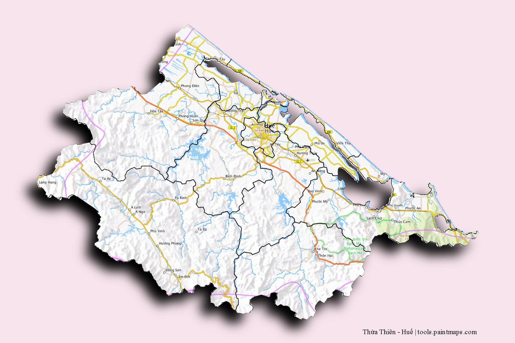 Mapa de Thừa Thiên - Huế y sus distritos con efecto de sombra 3D