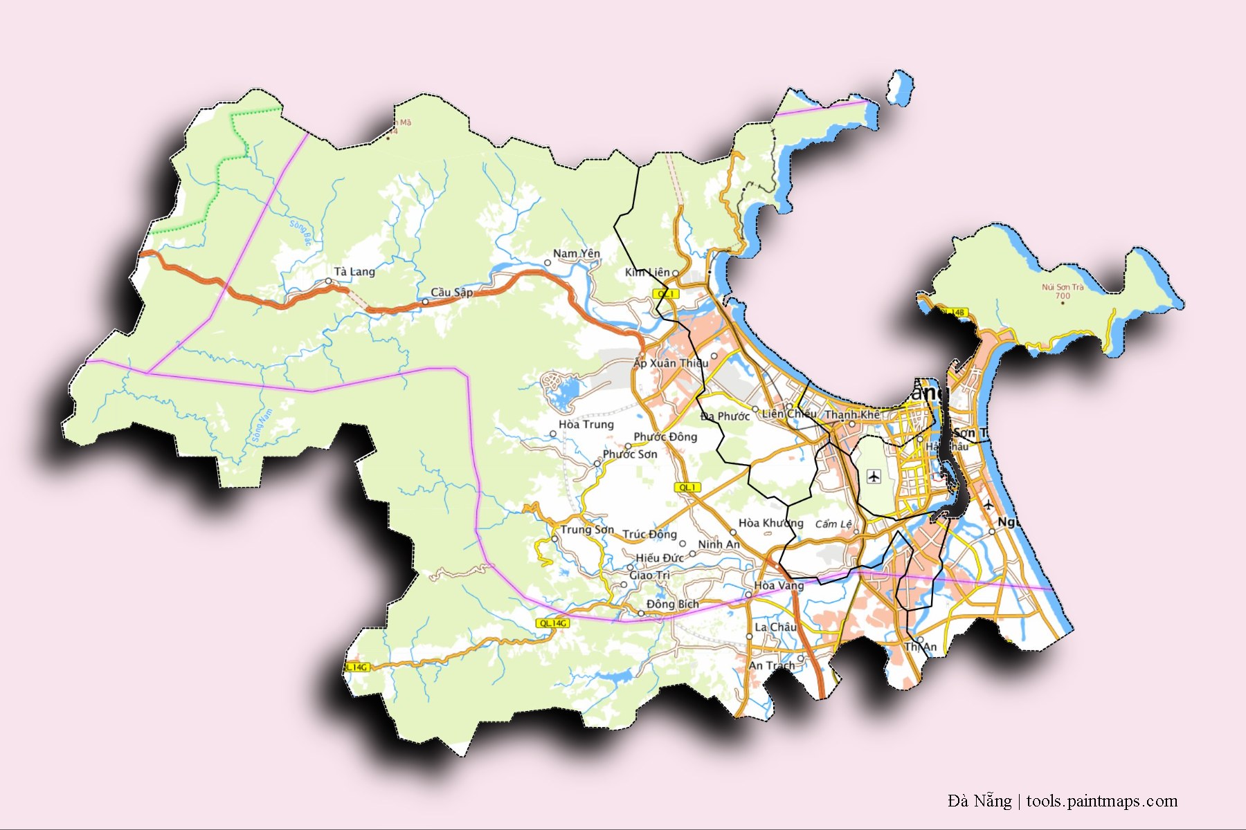 Da Nang and counties map with 3D shadow effect