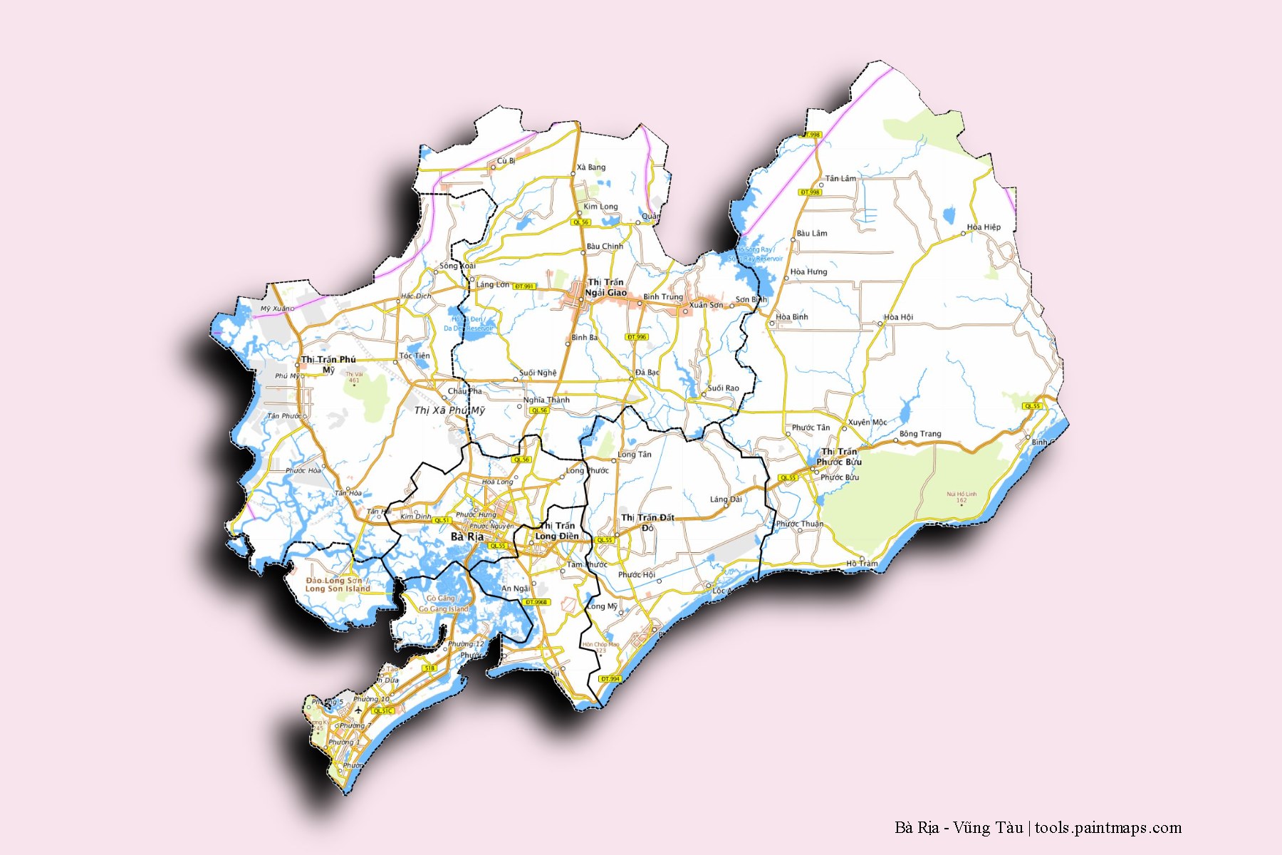 Ba Ria-Vung Tau and counties map with 3D shadow effect