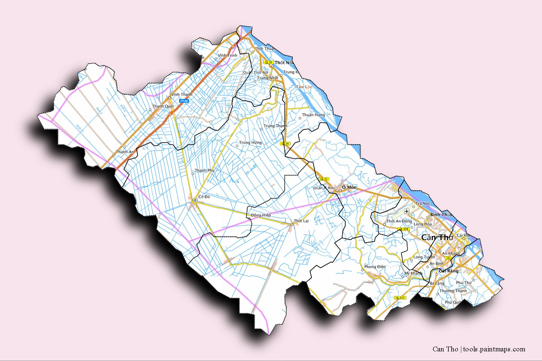 Mapa de Can Tho y sus distritos con efecto de sombra 3D
