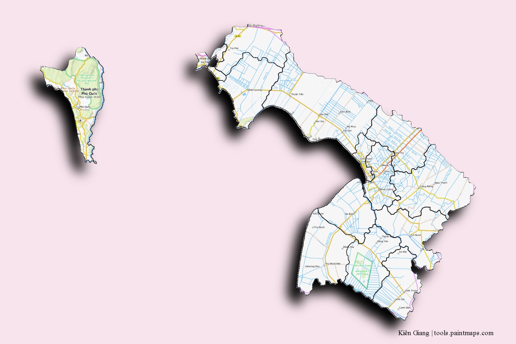 Kien Giang and counties map with 3D shadow effect