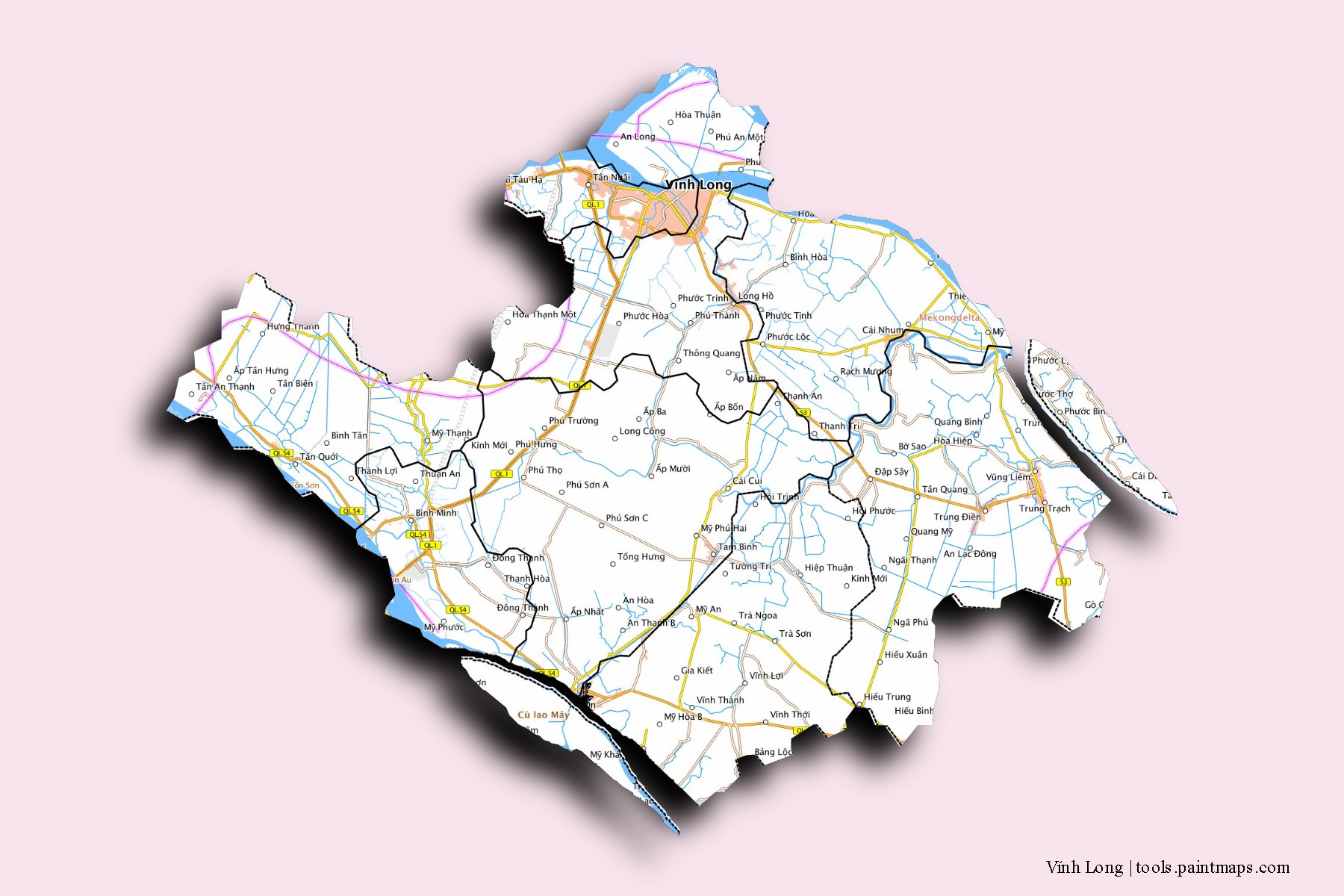 Vinh Long and counties map with 3D shadow effect