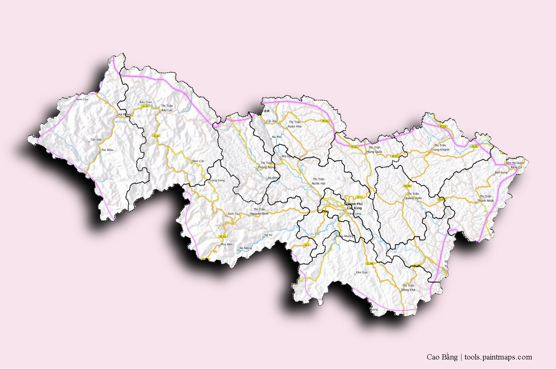 3D gölge efektli Cao Bằng ili ve ilçeleri haritası