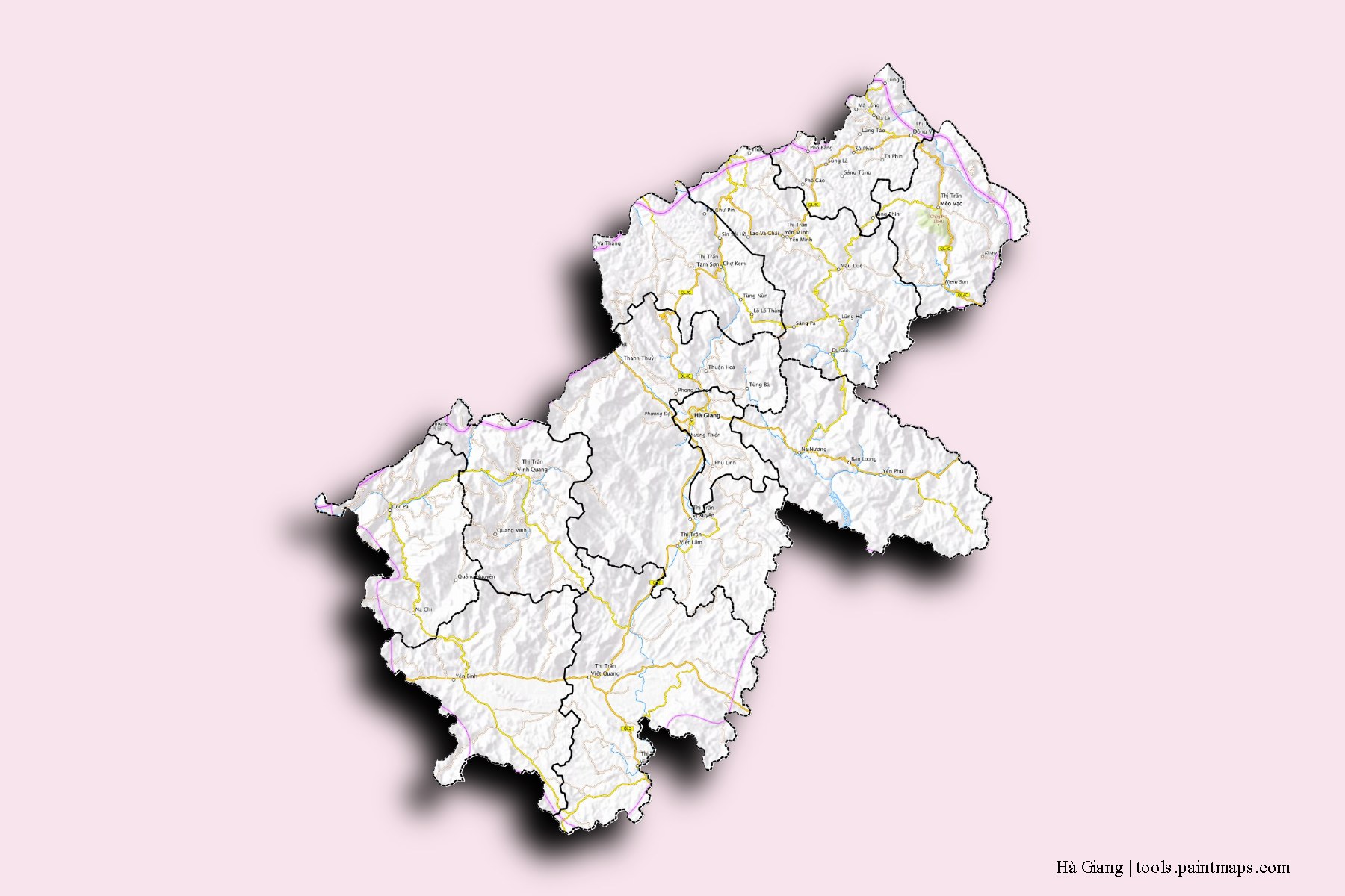 Ha Giang and counties map with 3D shadow effect