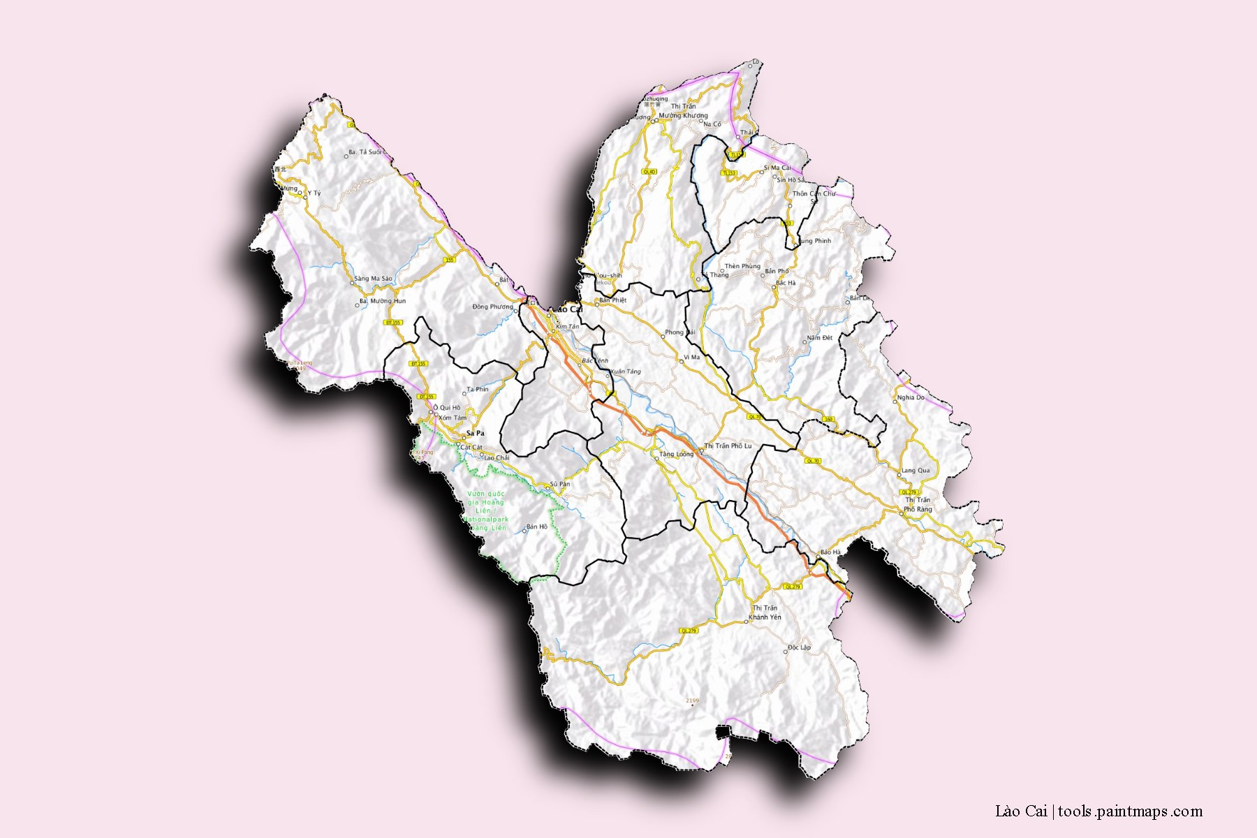 Mapa de Lào Cai y sus distritos con efecto de sombra 3D