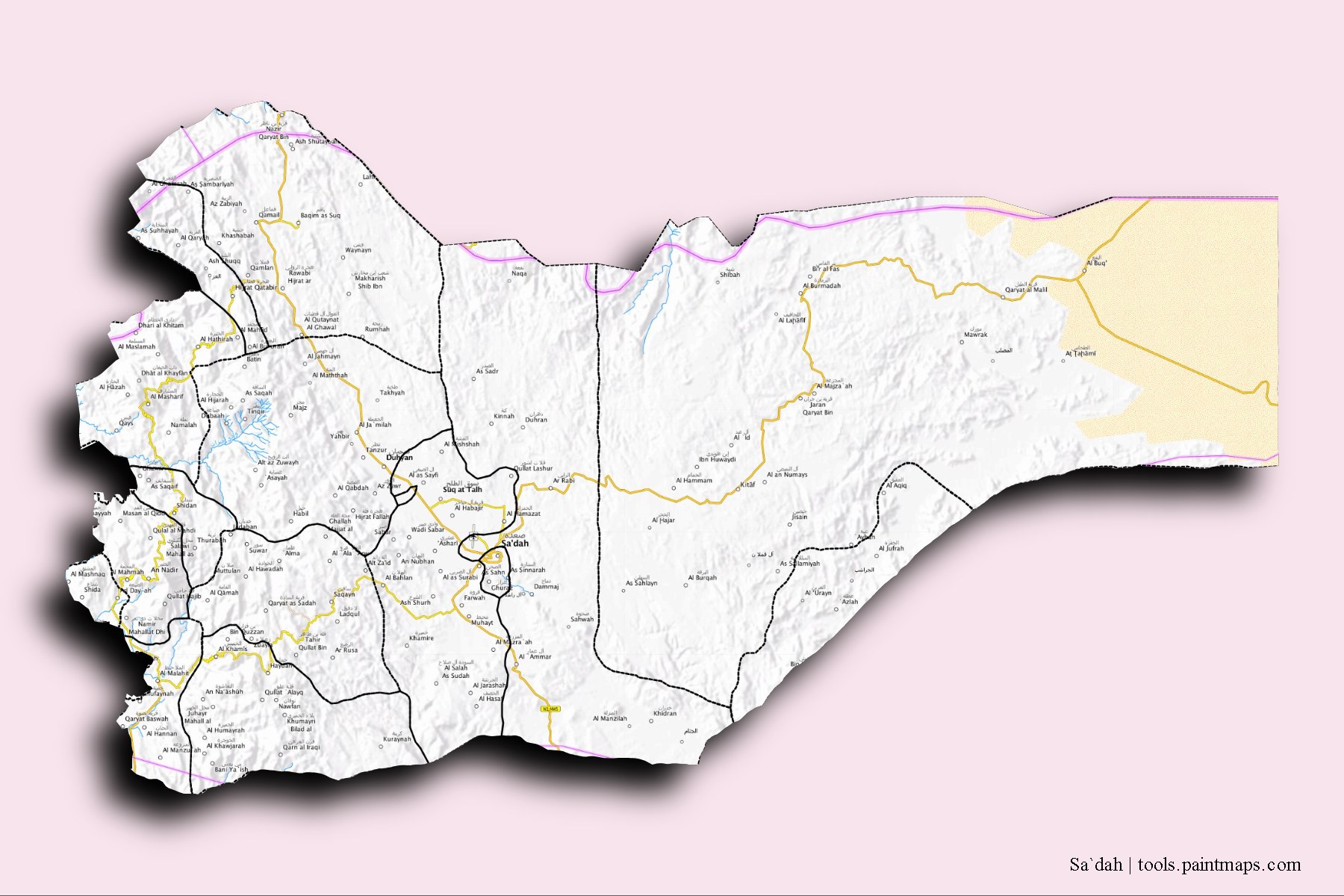 3D gölge efektli Saada ili ve ilçeleri haritası