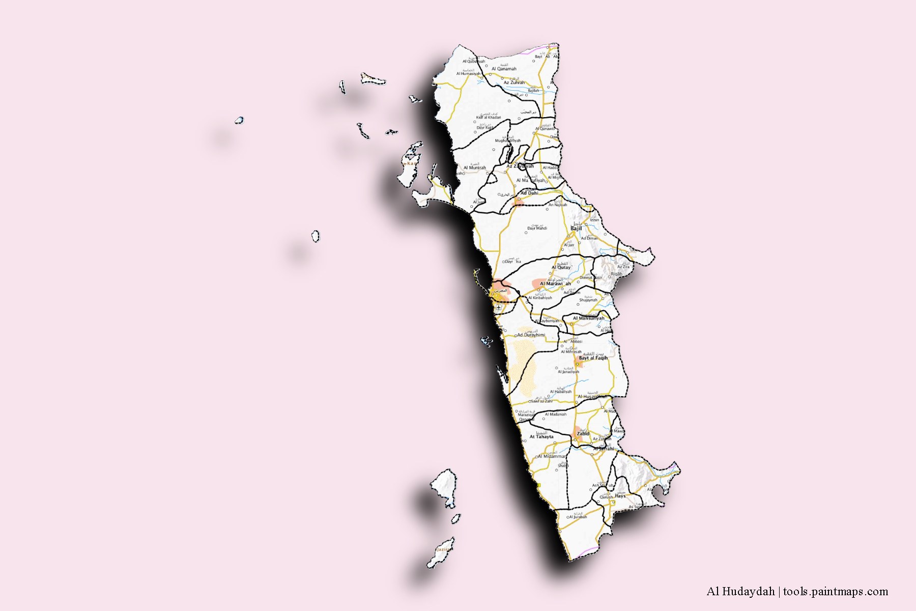 Al Hudaydah and counties map with 3D shadow effect