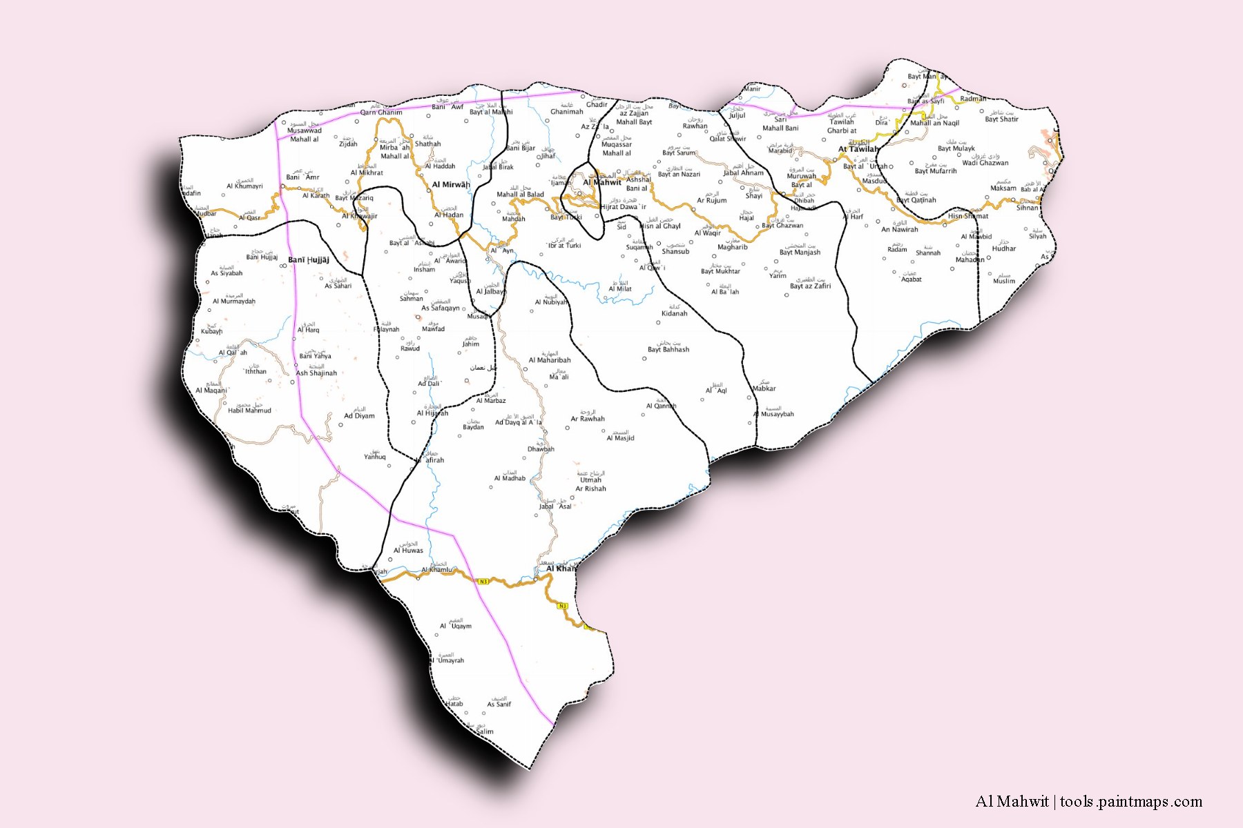 Mapa de Al Mahwit y sus distritos con efecto de sombra 3D