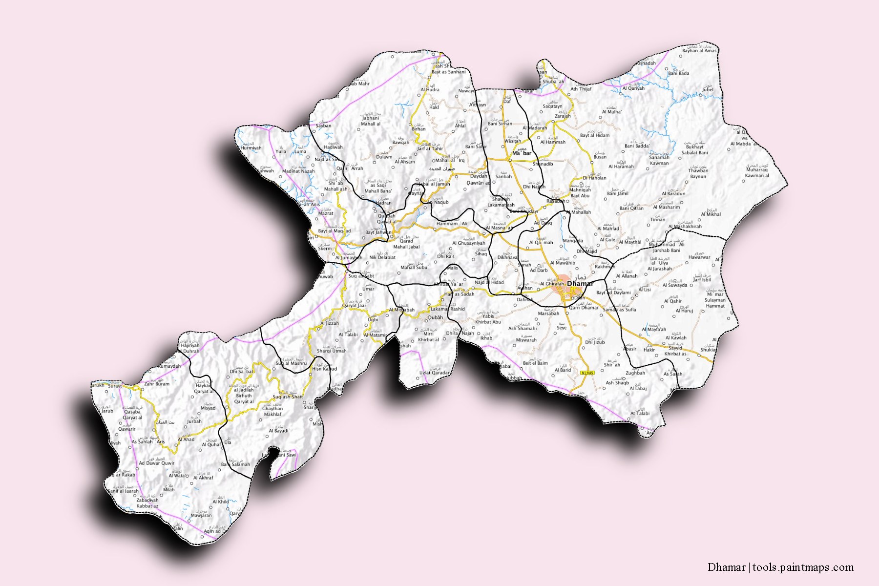 Mapa de Dhamar y sus distritos con efecto de sombra 3D