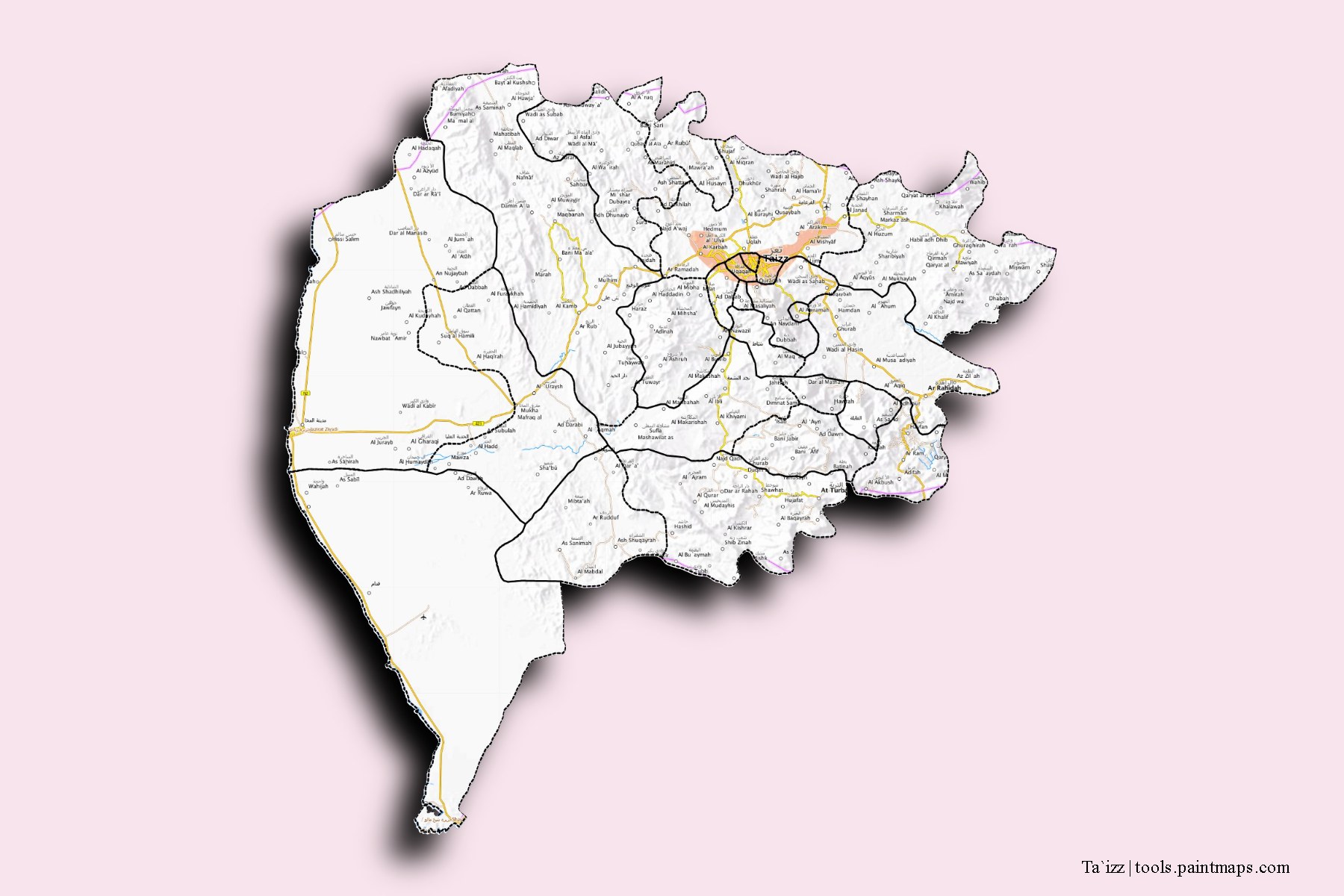 Ta`izz and counties map with 3D shadow effect