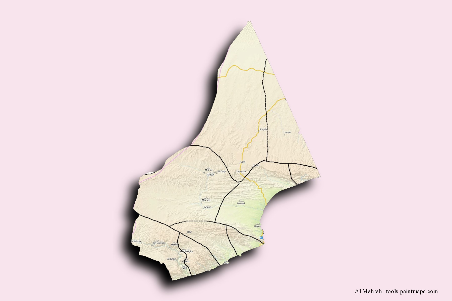 Al Mahrah and counties map with 3D shadow effect